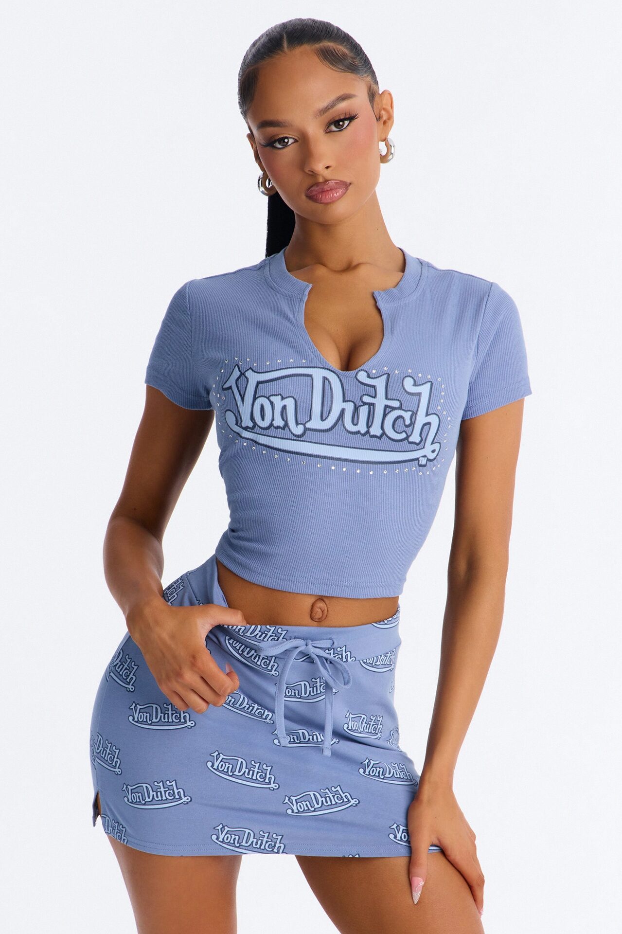Von Dutch Rhinestone Baby Tee - Denim