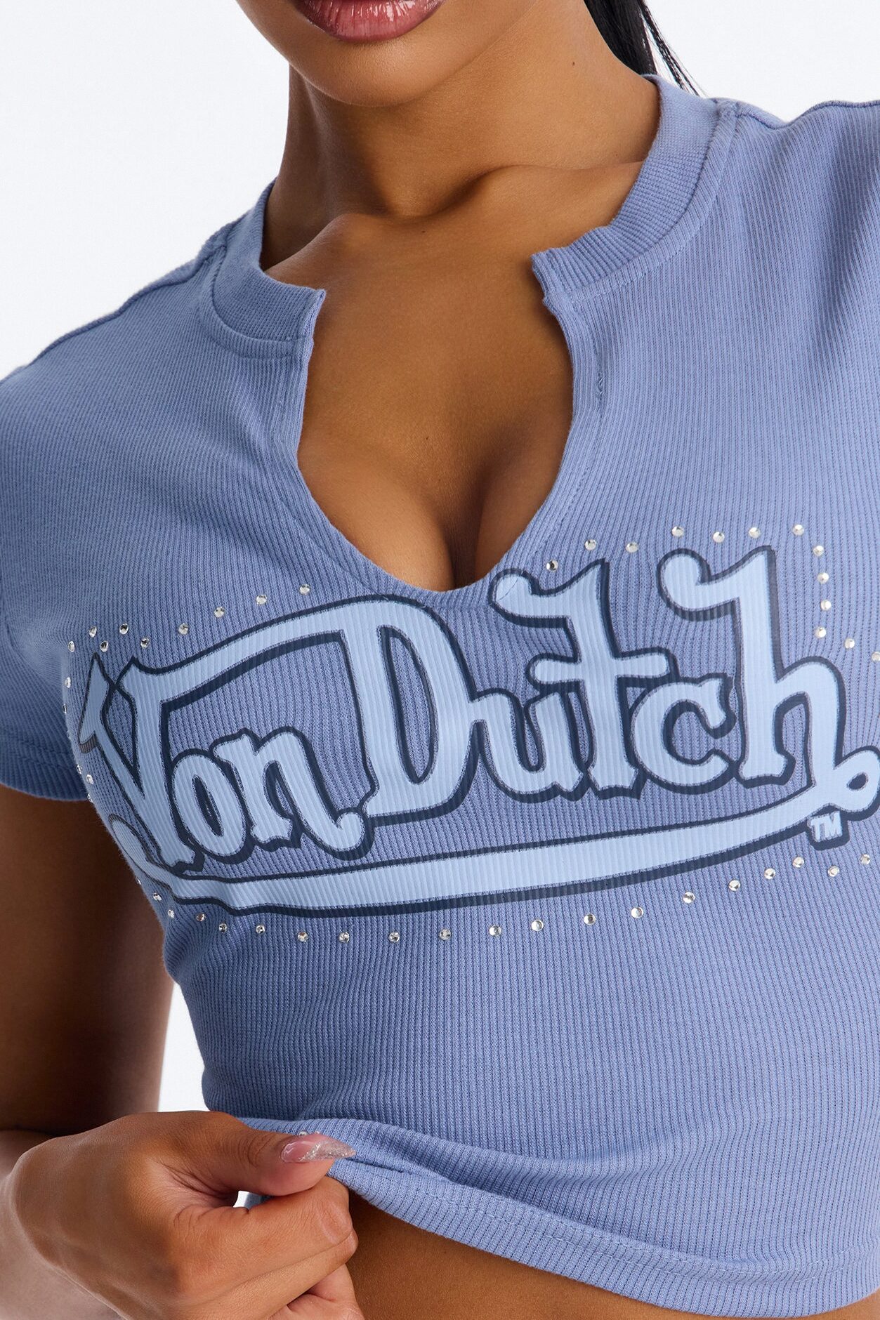 Von Dutch Rhinestone Baby Tee - Denim