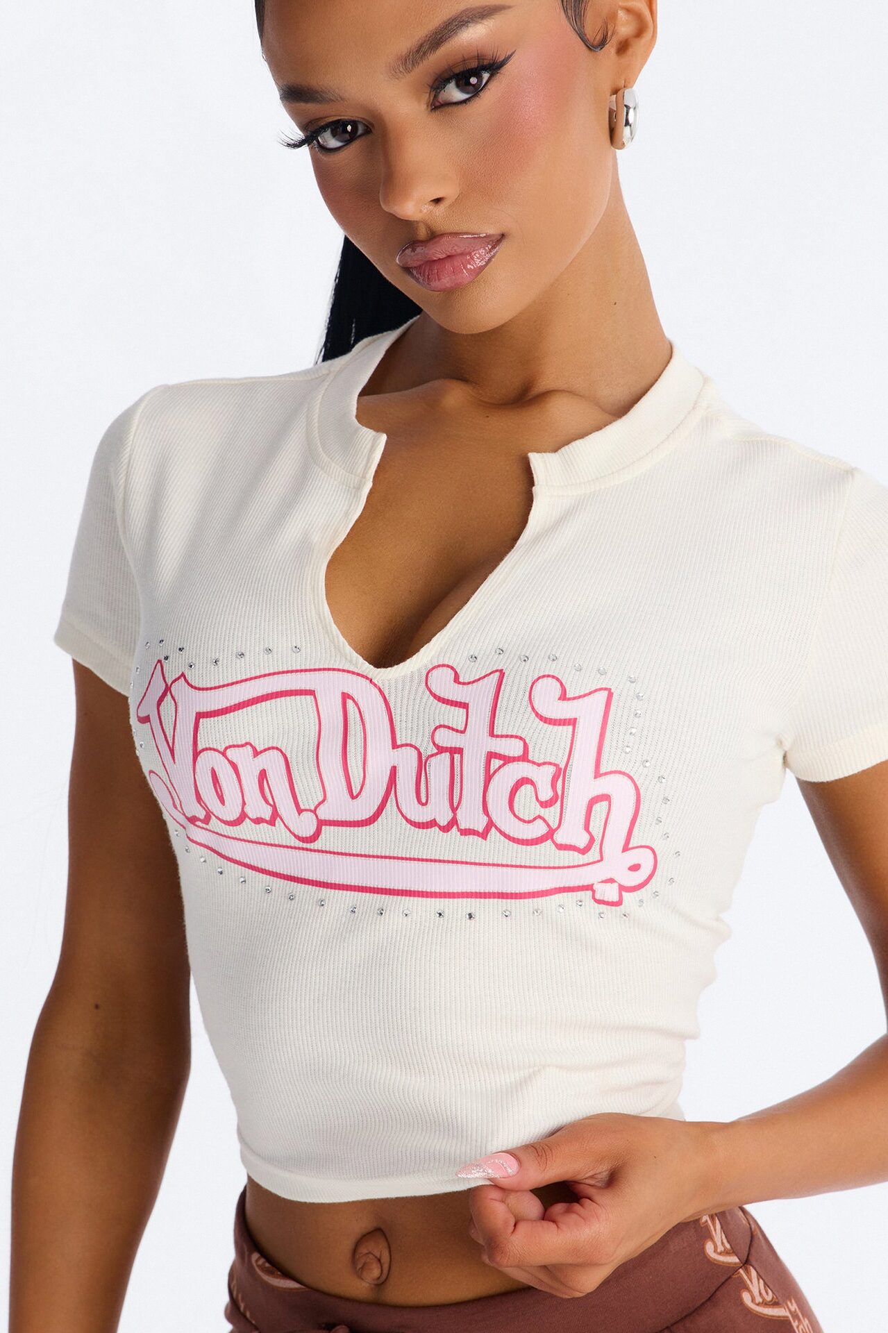 Von Dutch Notch Neck Rhinestone Baby Tee - Ivory