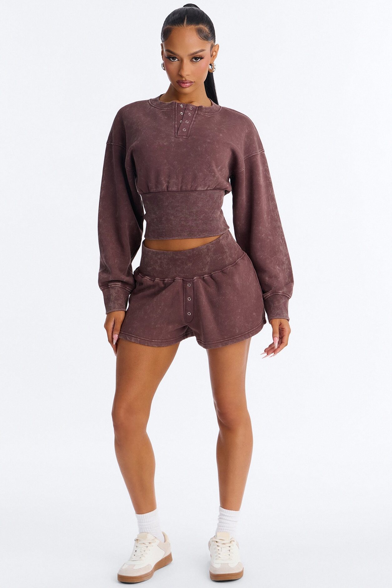 Reese Cinched Waist Fleece Short Set - Chocolate
