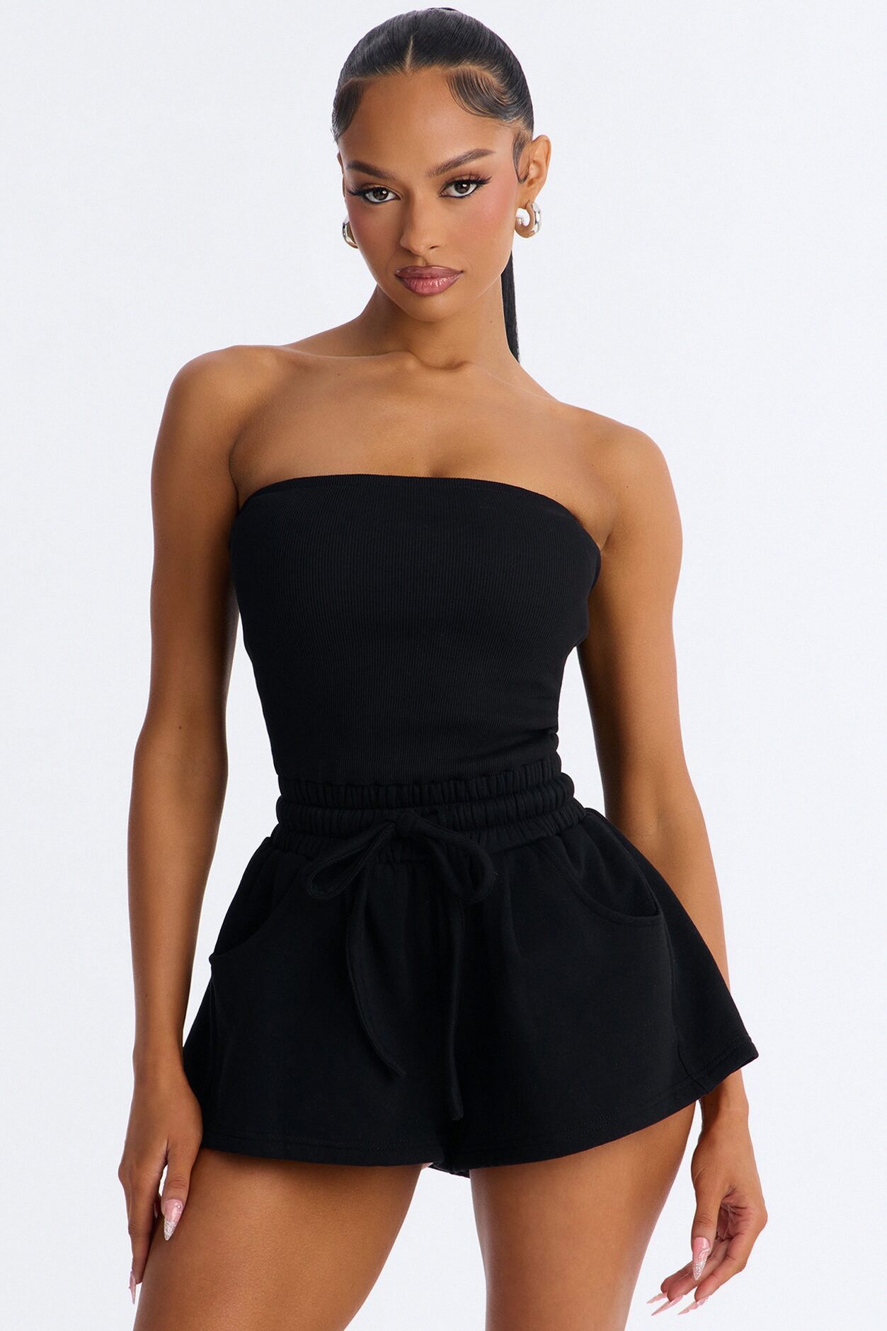Jules Knit Tube With Fleece Short Romper - Black