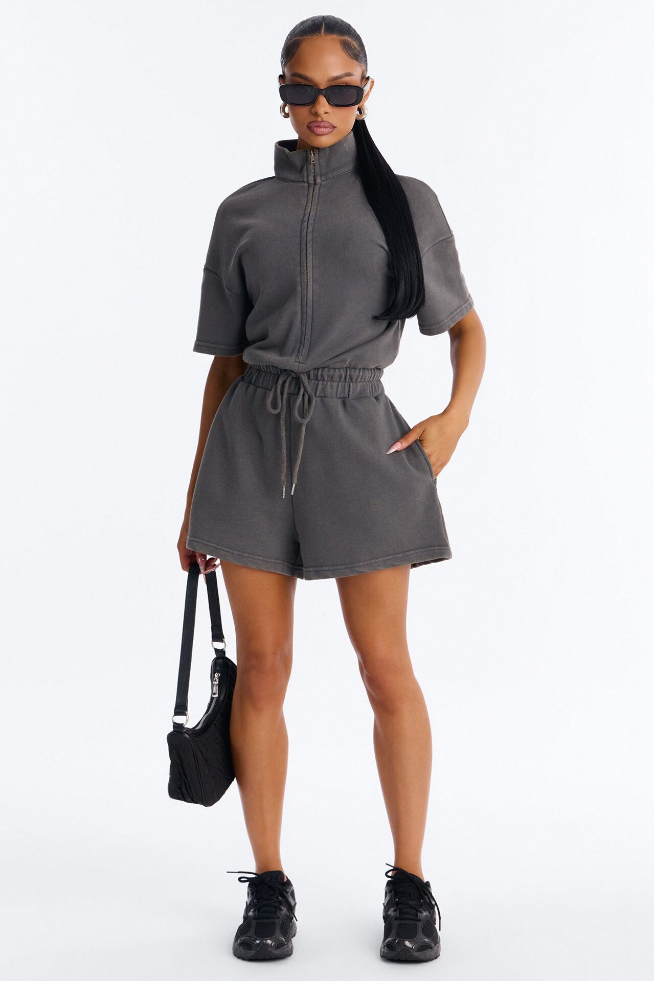 Busy Schedule Washed French Terry Romper - Charcoal