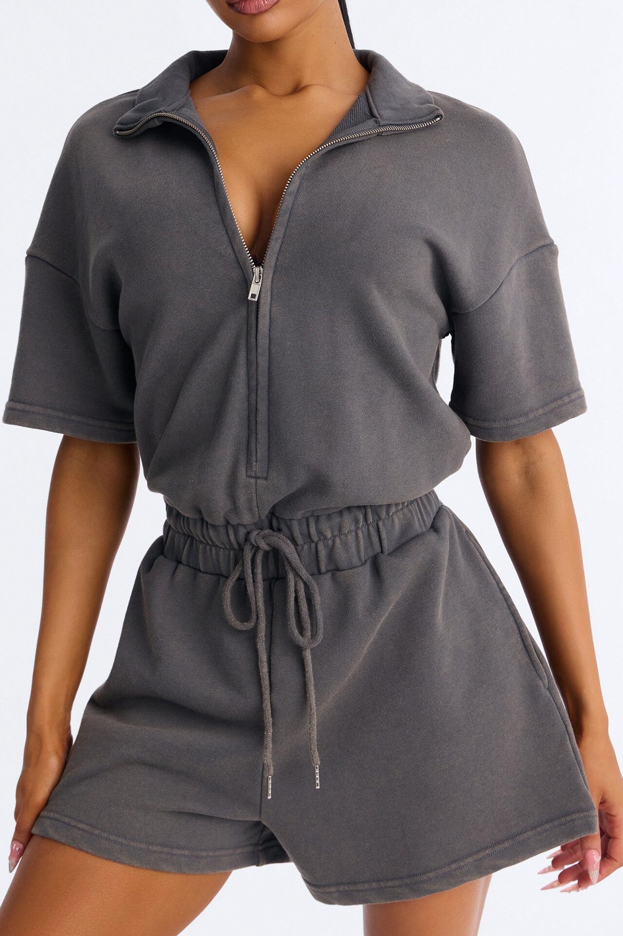 Busy Schedule Washed French Terry Romper - Charcoal