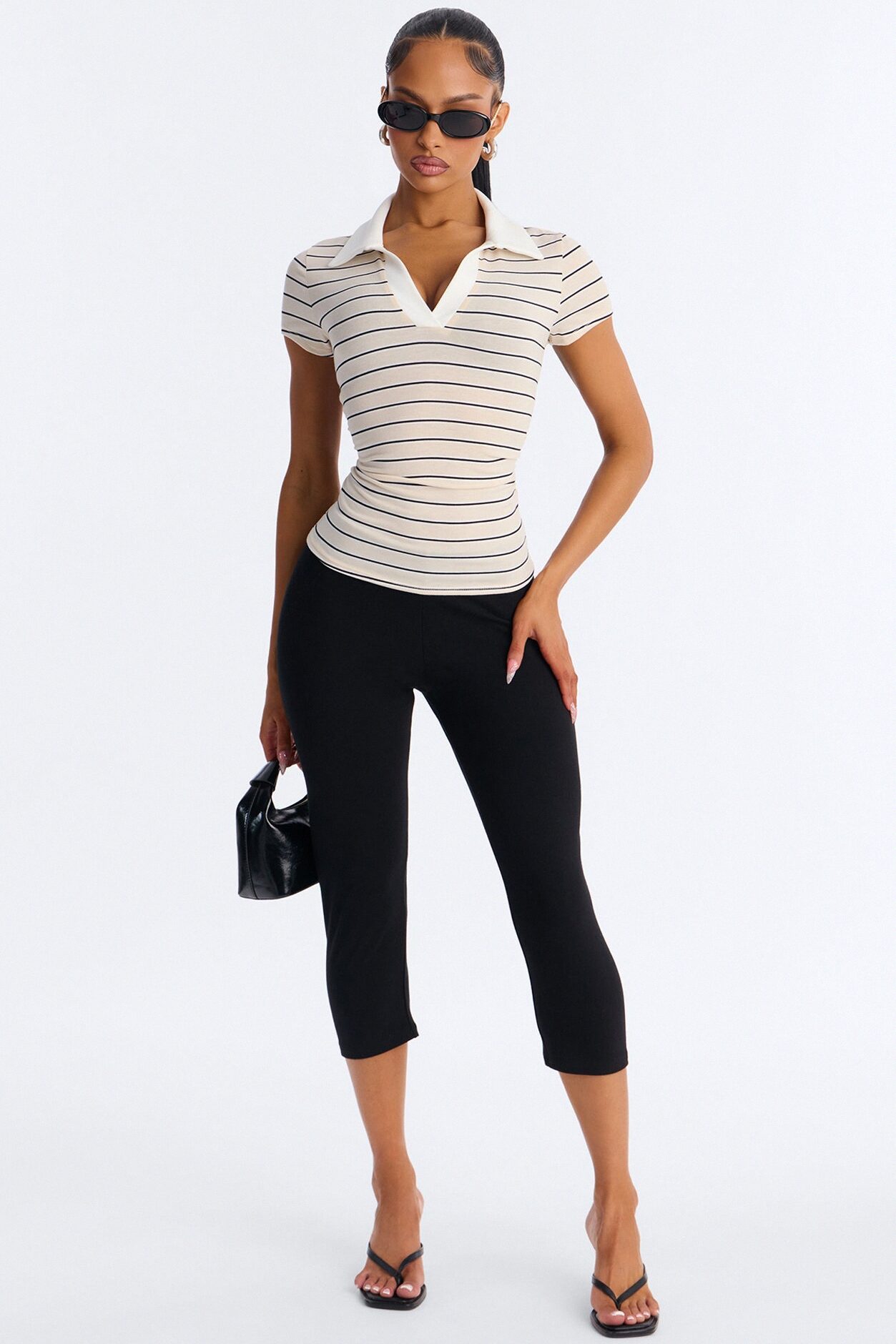 Leena Striped Short Sleeve Polo Top - Taupe/combo