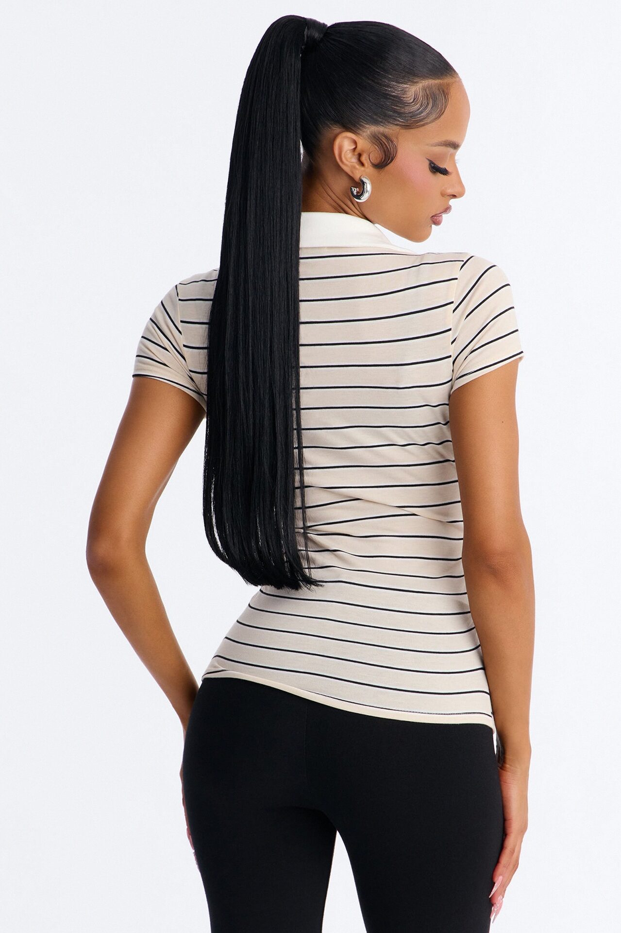Leena Striped Short Sleeve Polo Top - Taupe/combo