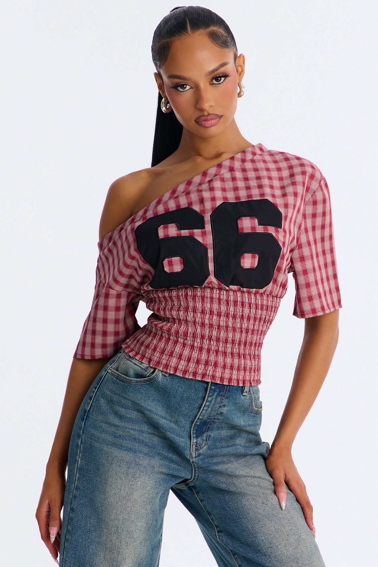Plaid And Sporty Off Shoulder Top - Red