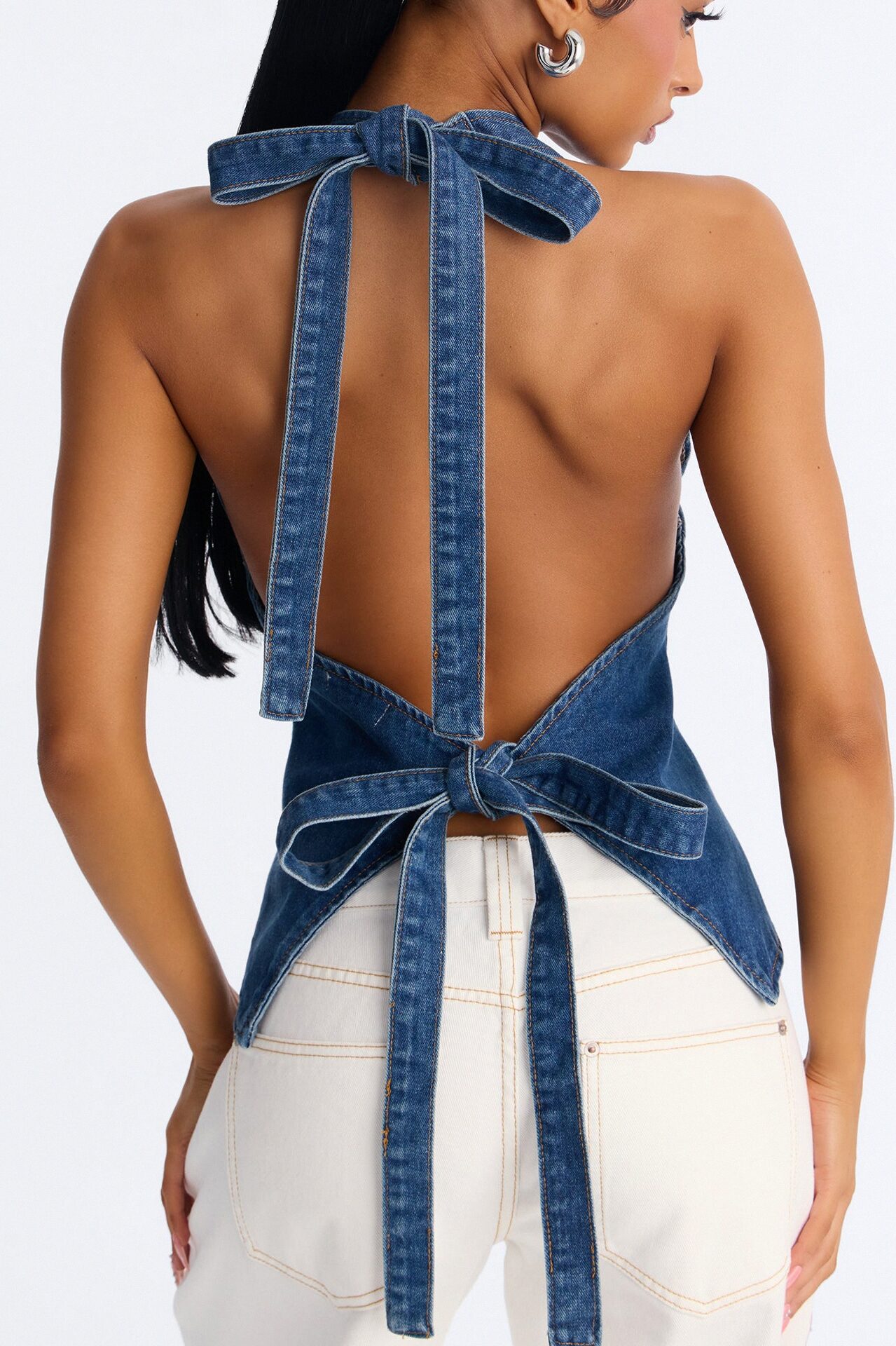 Sena Open Back Denim Halter Top - Indigo