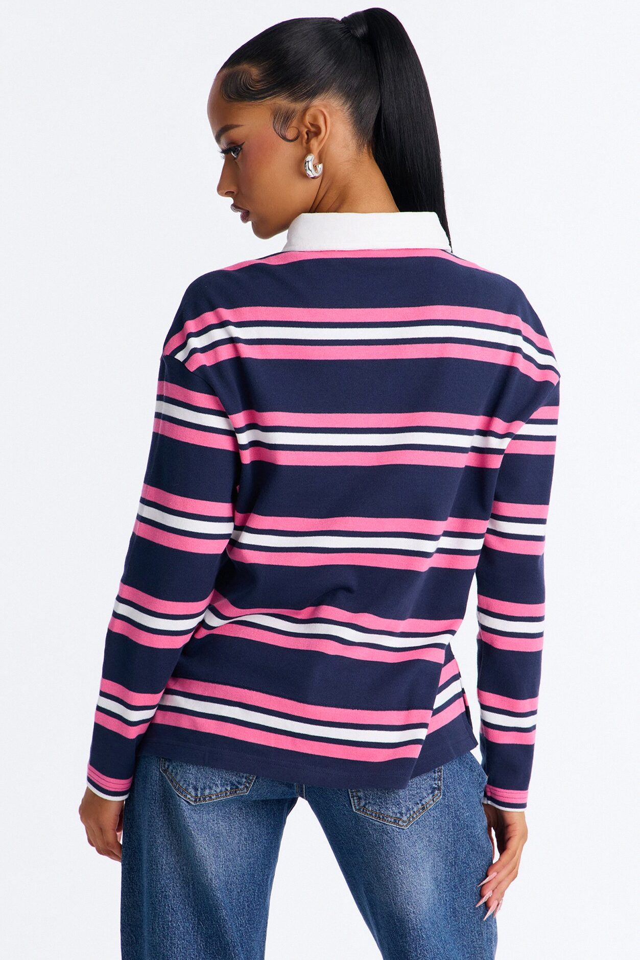 Jamie Striped Long Sleeve Polo - Navy/combo
