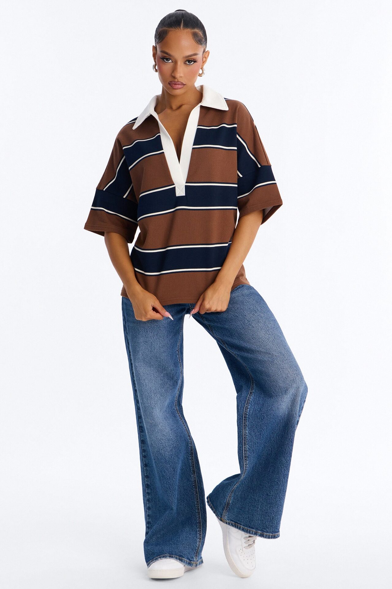 Emerson Striped Short Sleeve Polo Top - Brown/combo
