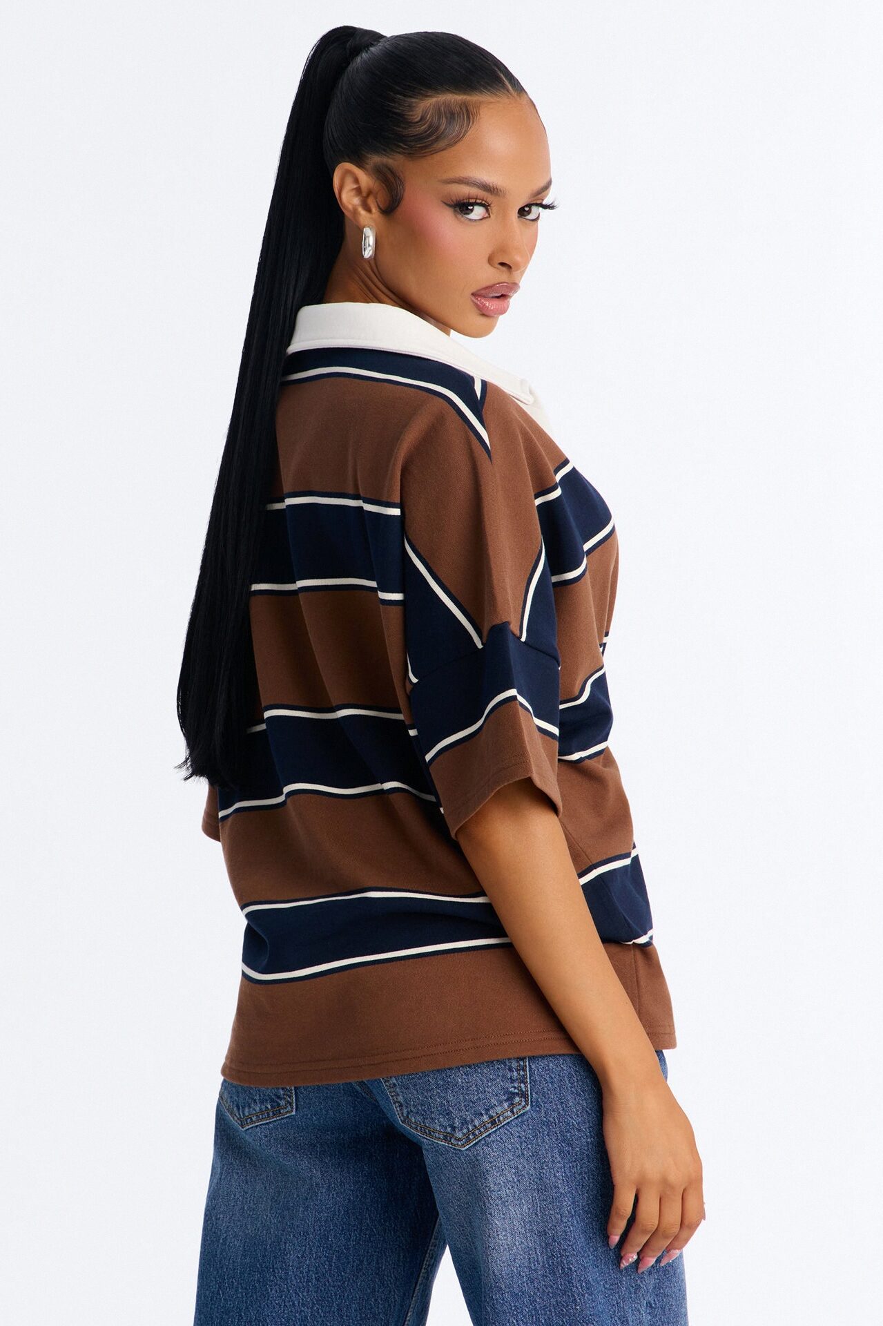 Emerson Striped Short Sleeve Polo Top - Brown/combo