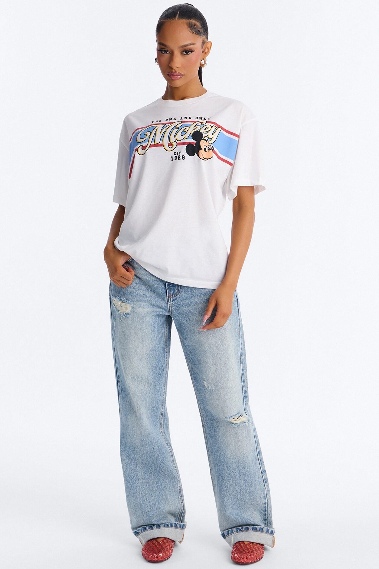 Throwback Mickey Stripe Drop Shoulder Tee - White