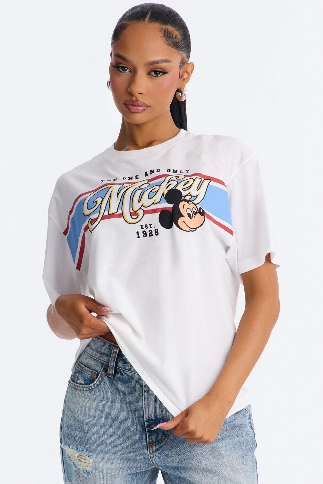 Throwback Mickey Stripe Drop Shoulder Tee - White