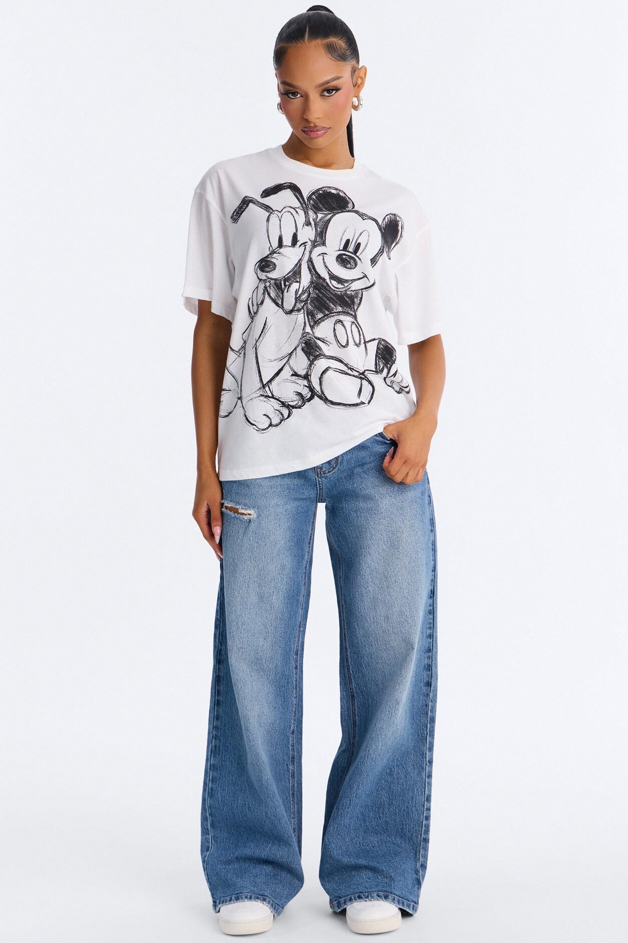 Mickey Mouse And Pluto Drop Shoulder Tee - White