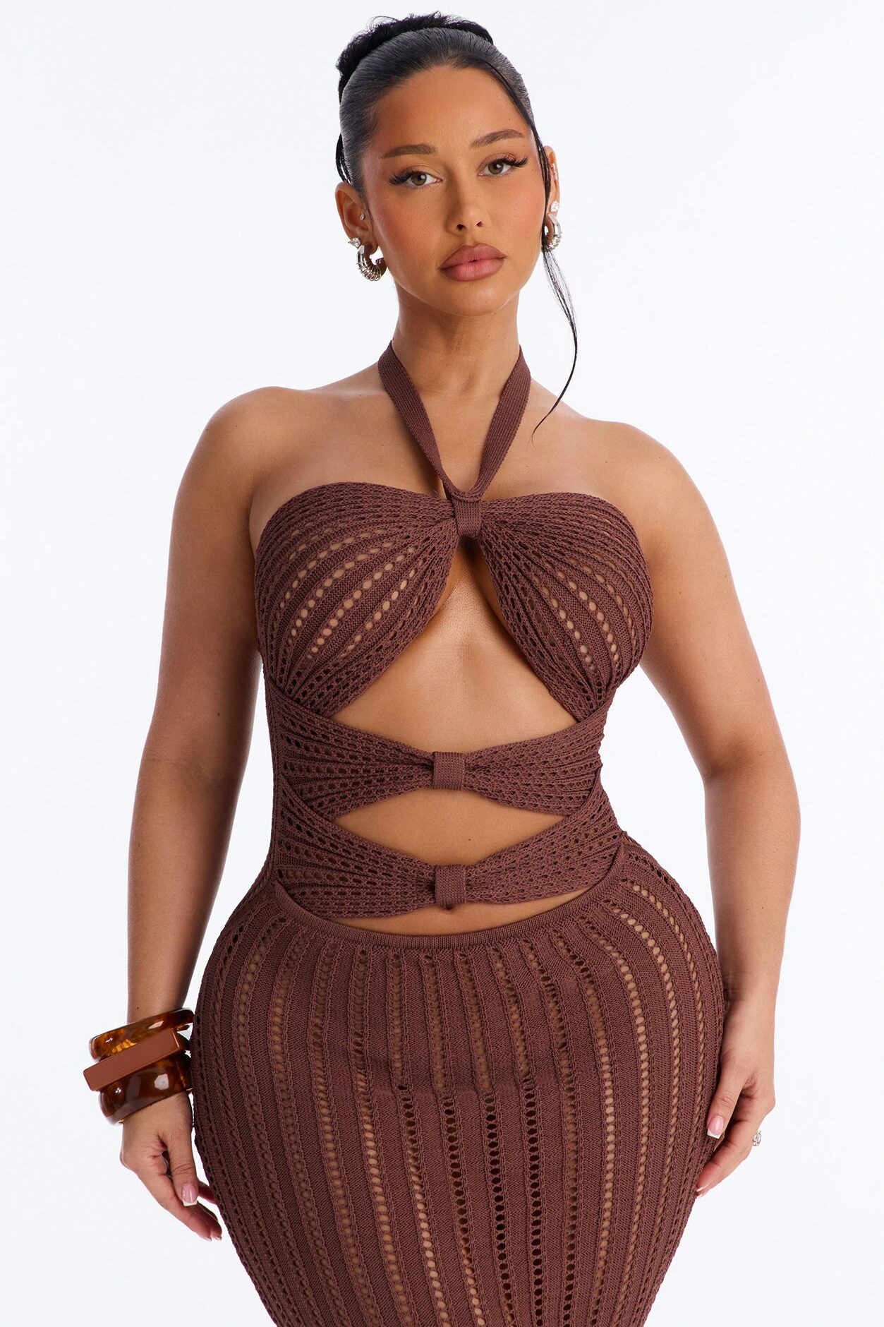 Bailey Halter Crochet Maxi Dress - Brown
