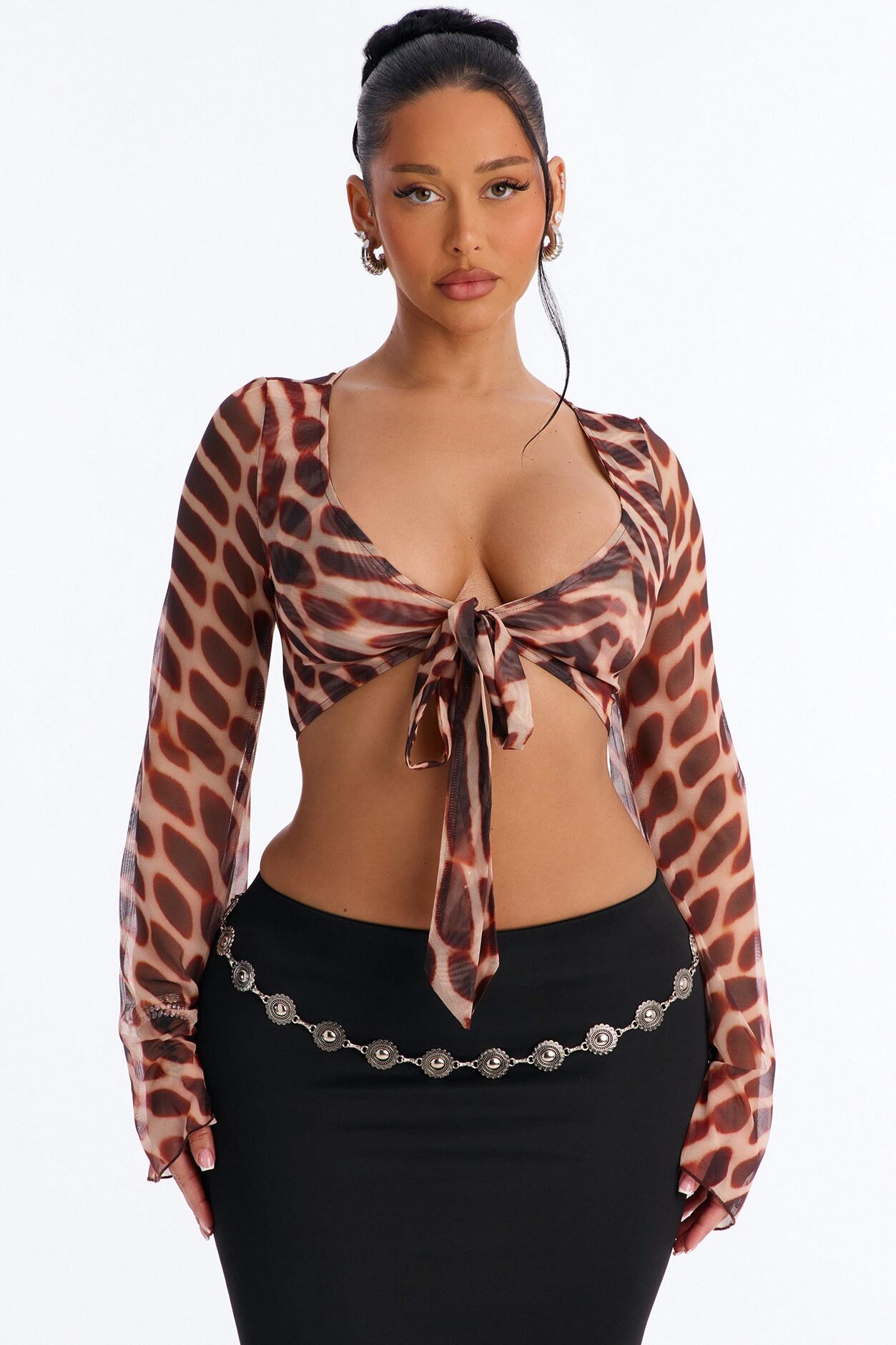 Morocco Mami Abstract Mesh Tie Front Crop Top - Brown/combo