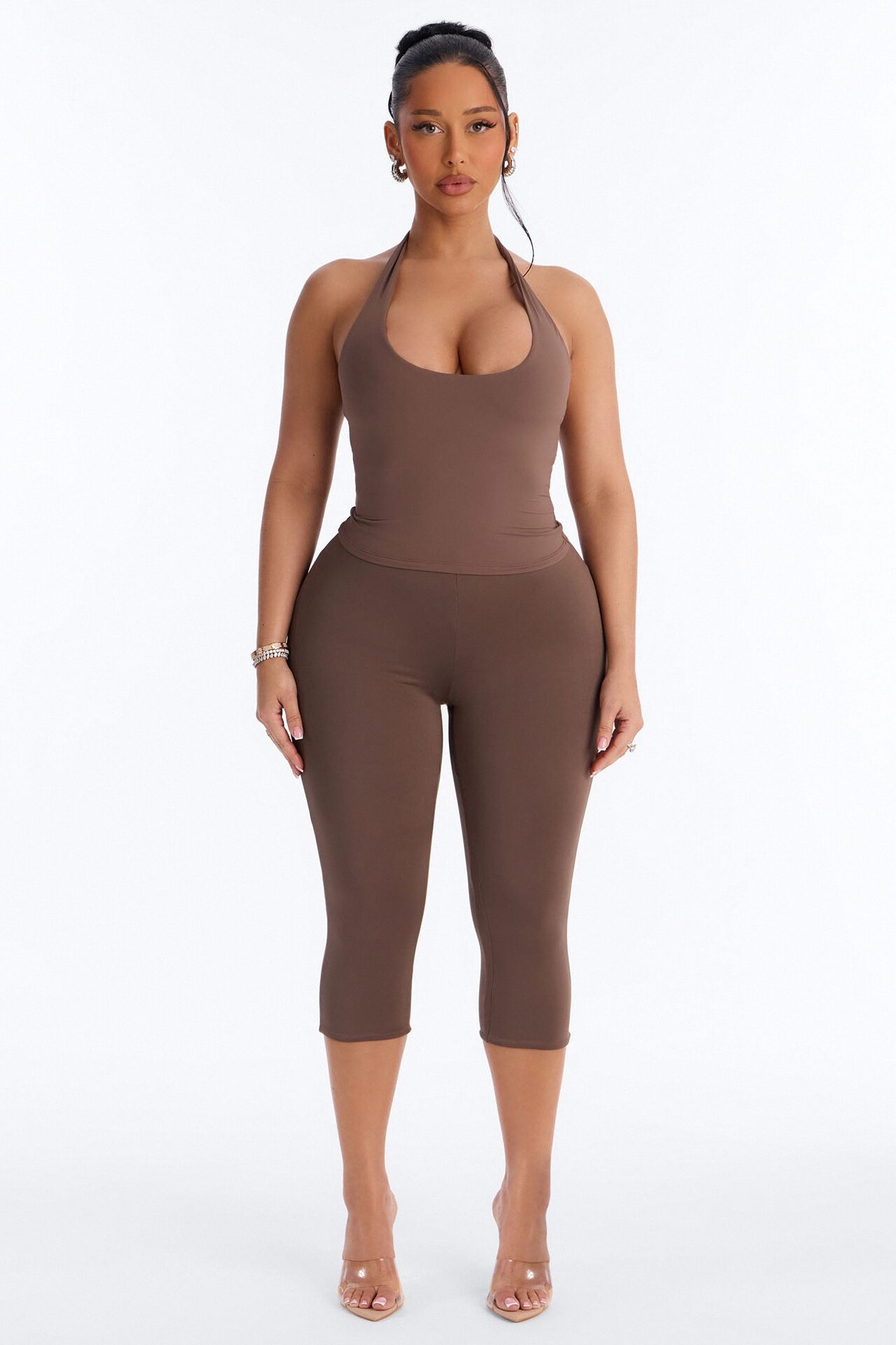 Second Skin Double Lined Twist U Neck Halter Top - Brown