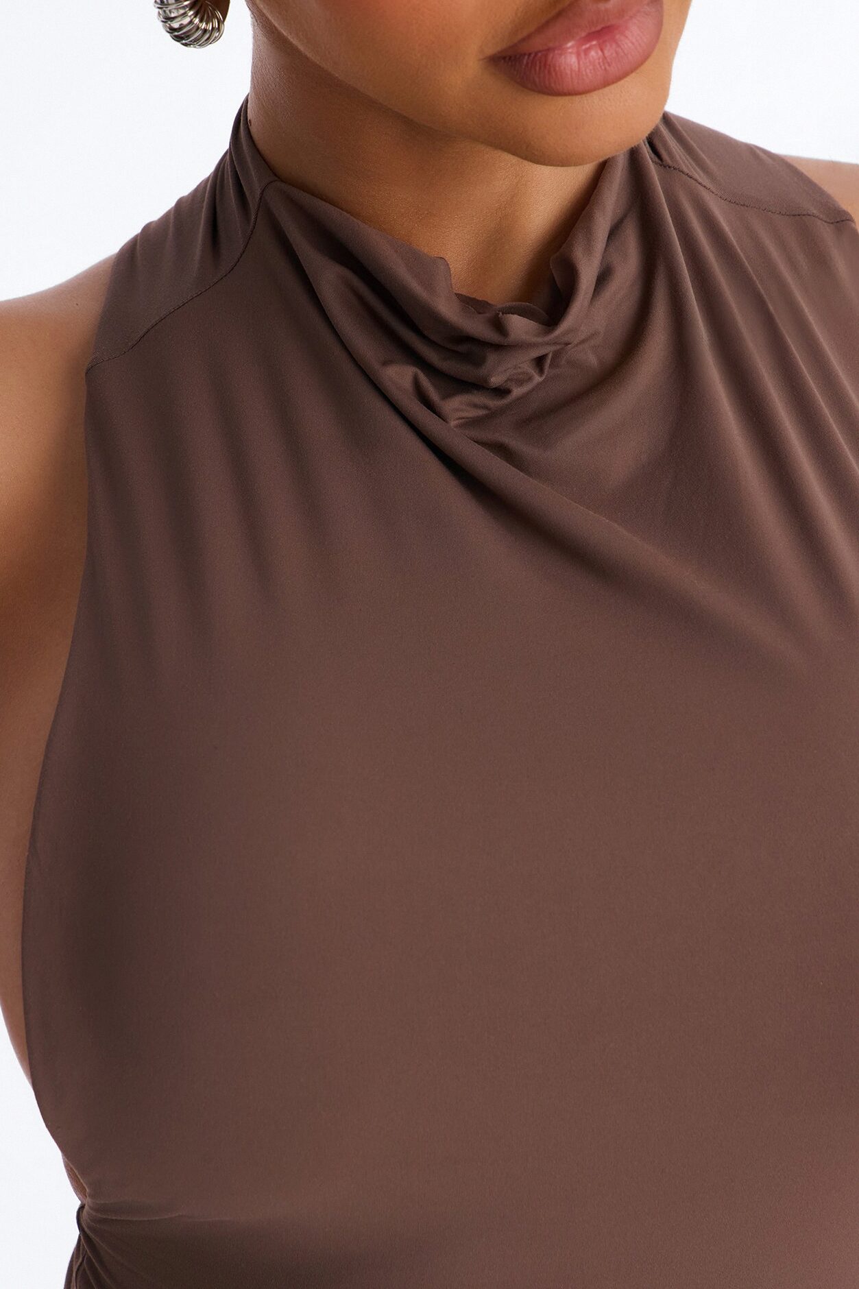Second Skin Double Lined Mock Neck Racerback Top - Brown