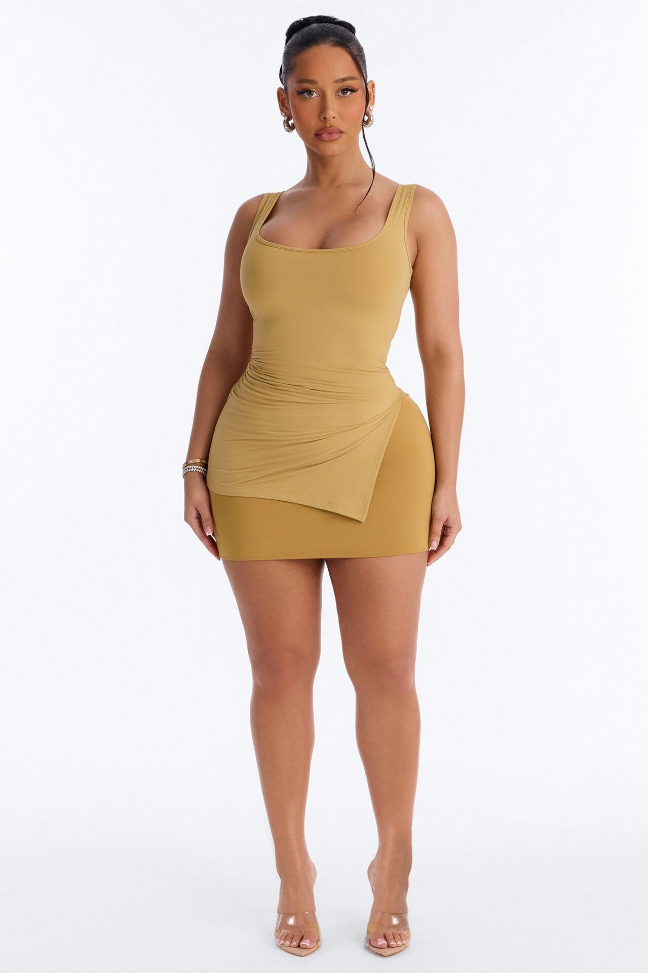 Second Skin Double Line Asymmetrical Ruched Tank Top - Honey