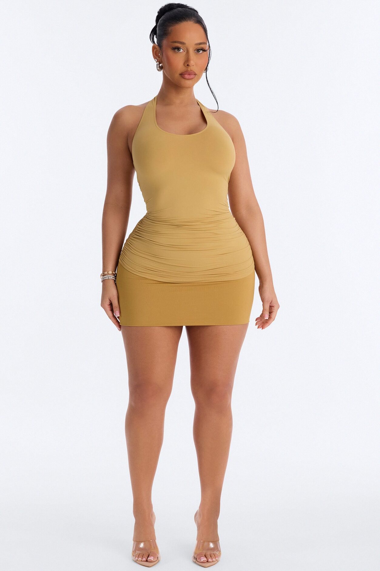 Second Skin Ruched Backless Halter Top - Honey
