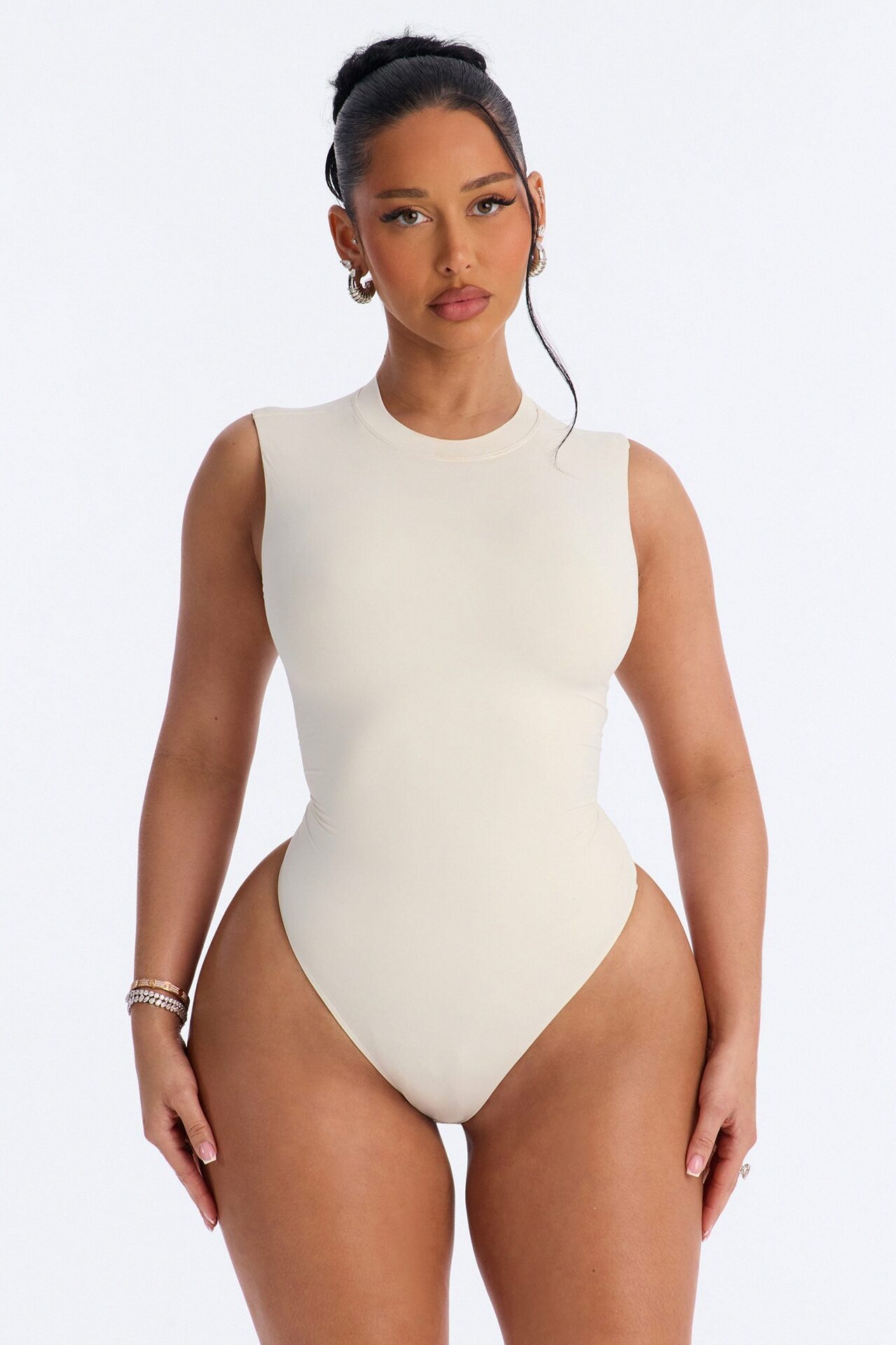 Second Skin Double Lined Mock Neck Sleeveless Bodysuit - Bone