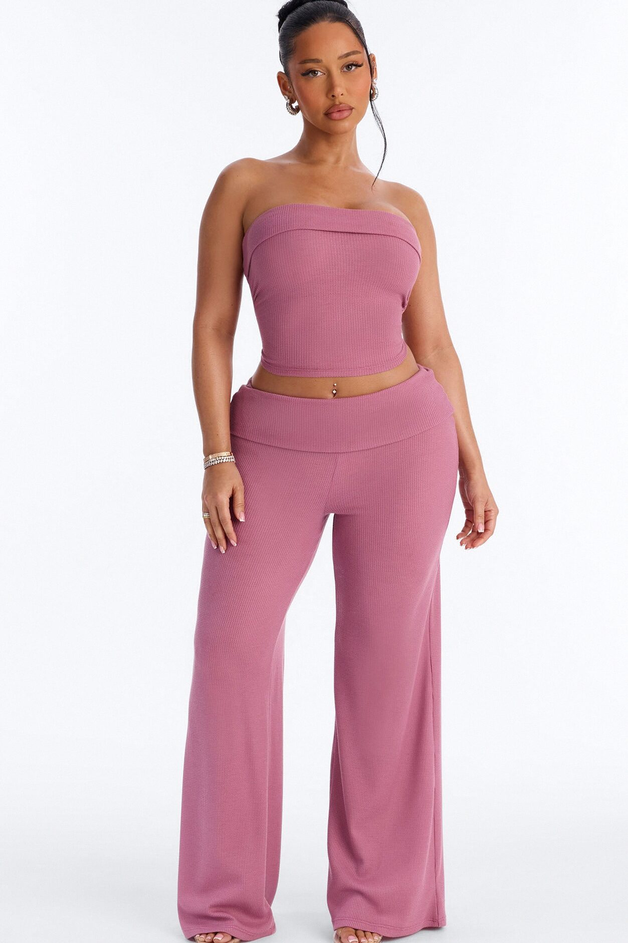 Megan Waffle Knit Foldover Waist Pant Set - Mauve