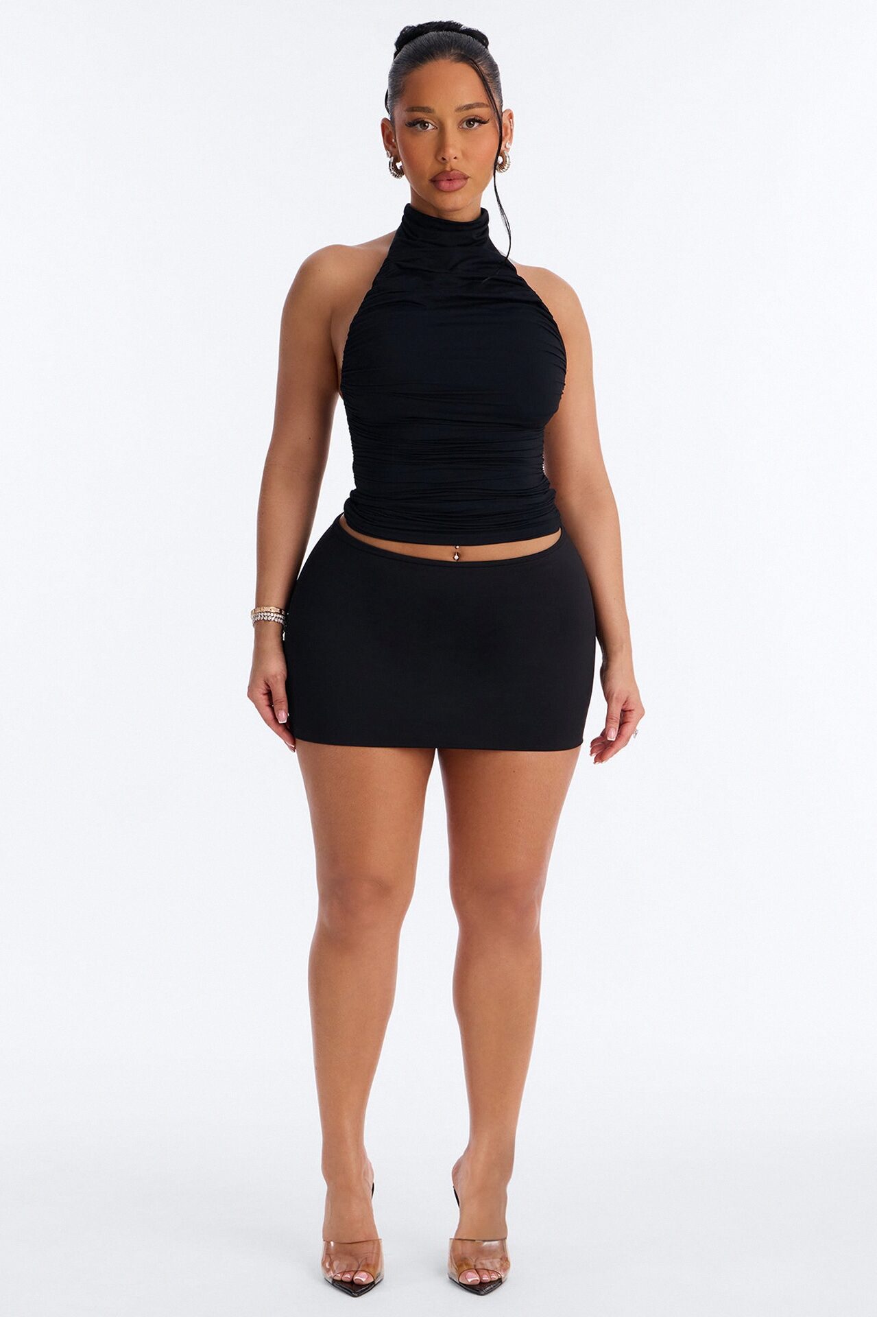 Second Skin Double Lined Ruched Mock Neck Halter Top - Black