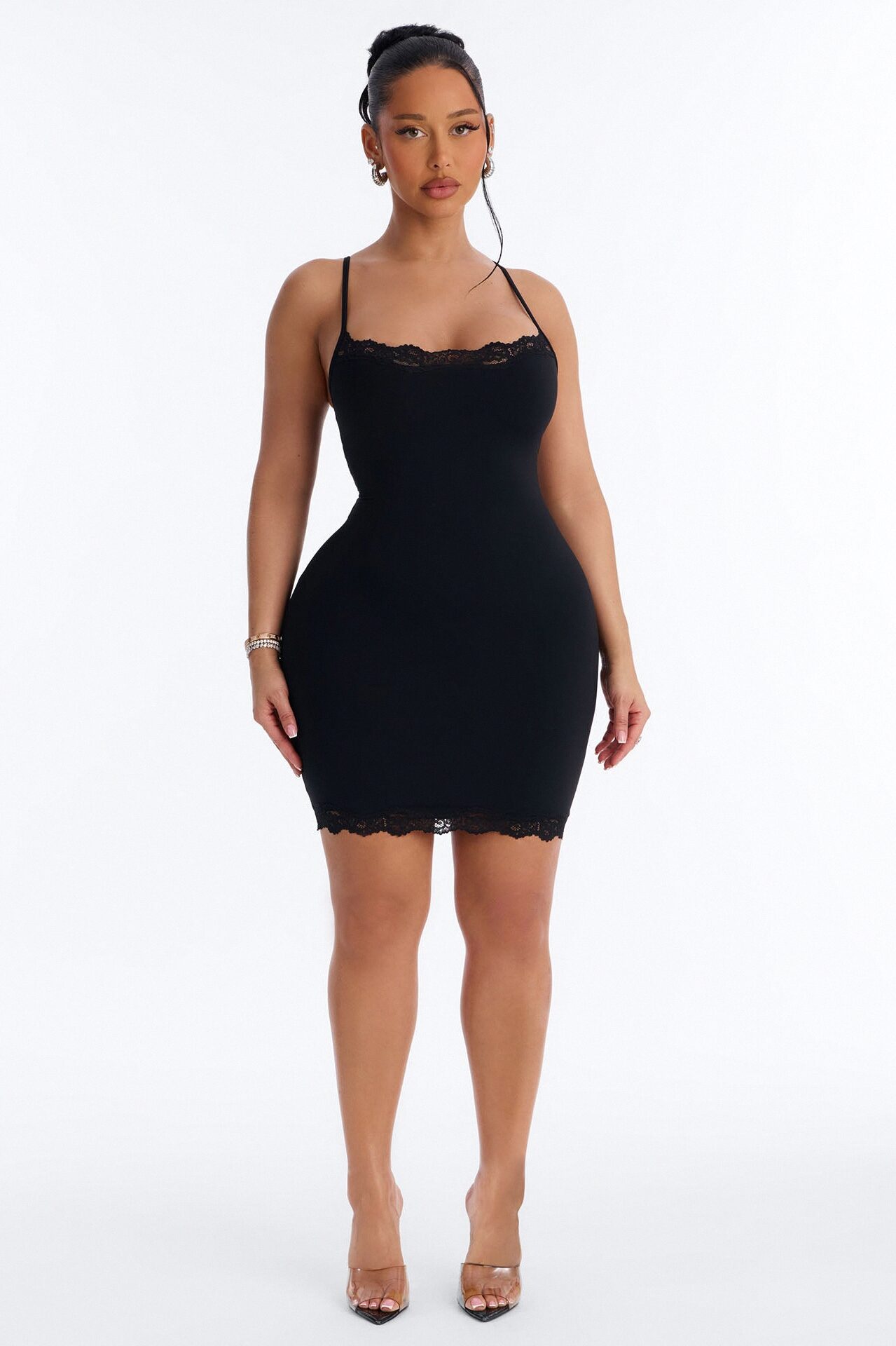 Second Skin Double Lined Lace Trim Cami Mini Dress - Black