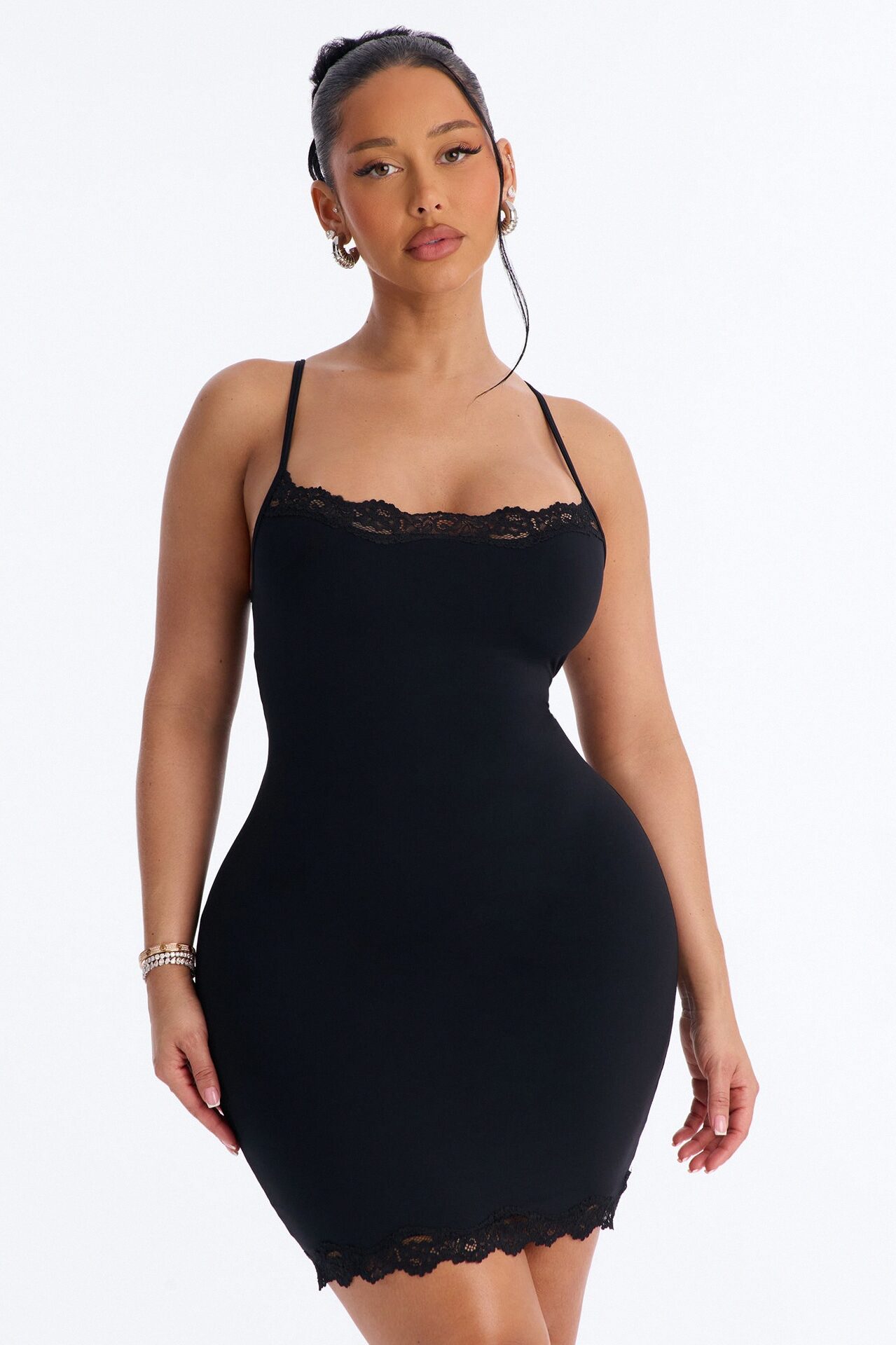 Second Skin Double Lined Lace Trim Cami Mini Dress - Black