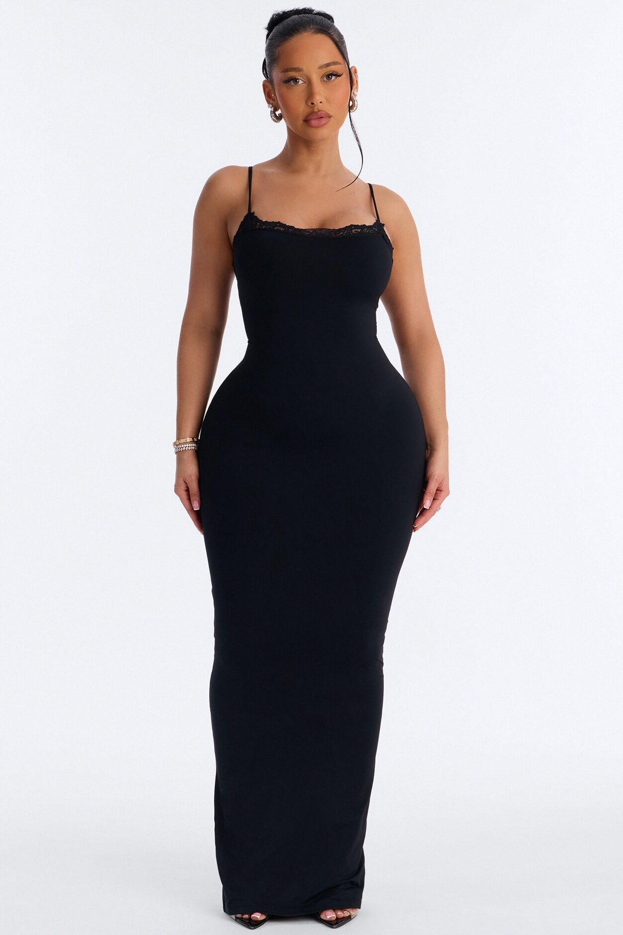 Second Skin Double Lined Lace Trim Cami Maxi Dress - Black