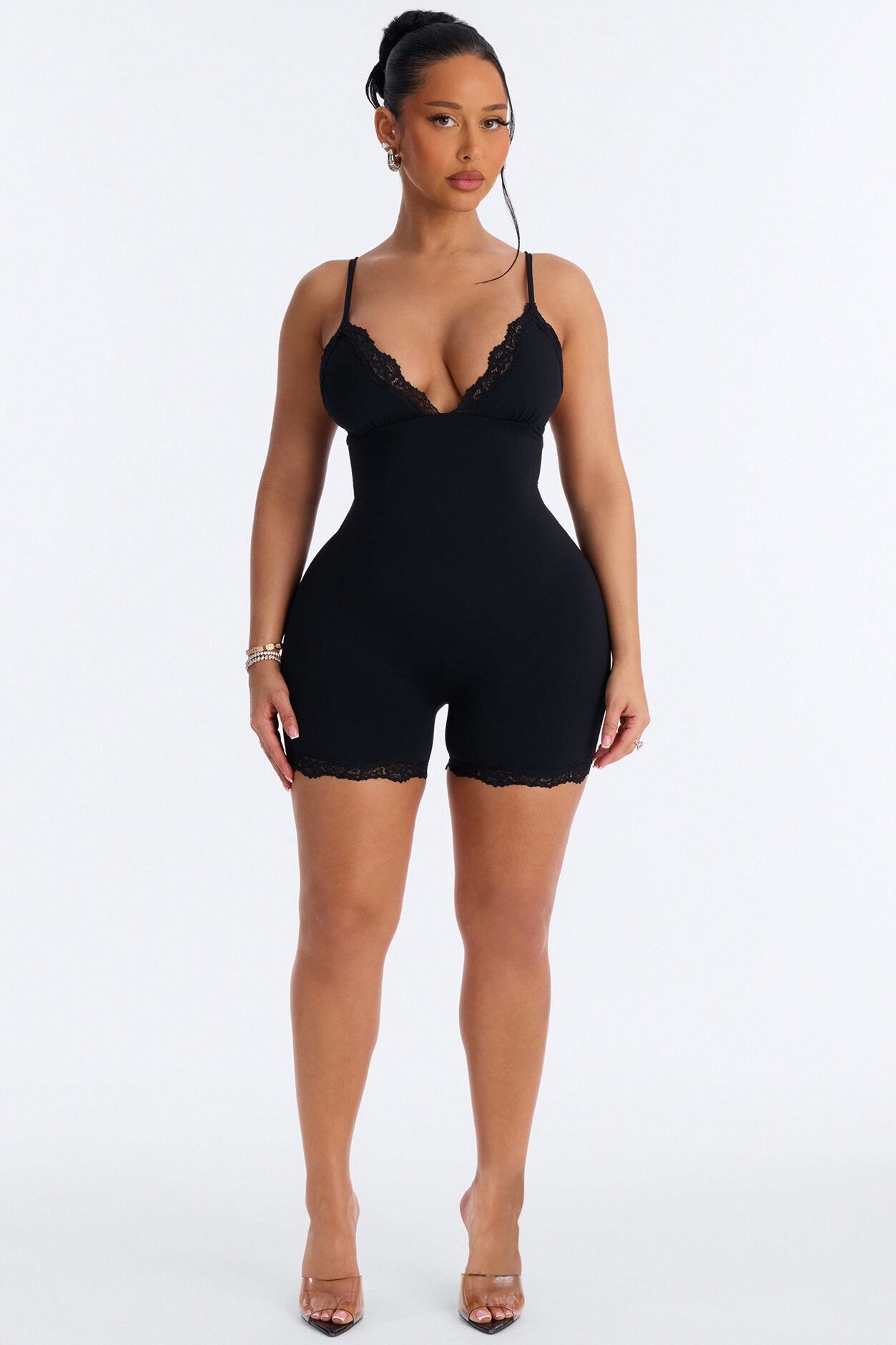 Second Skin Double Lined Lace Trim Tank Romper - Black