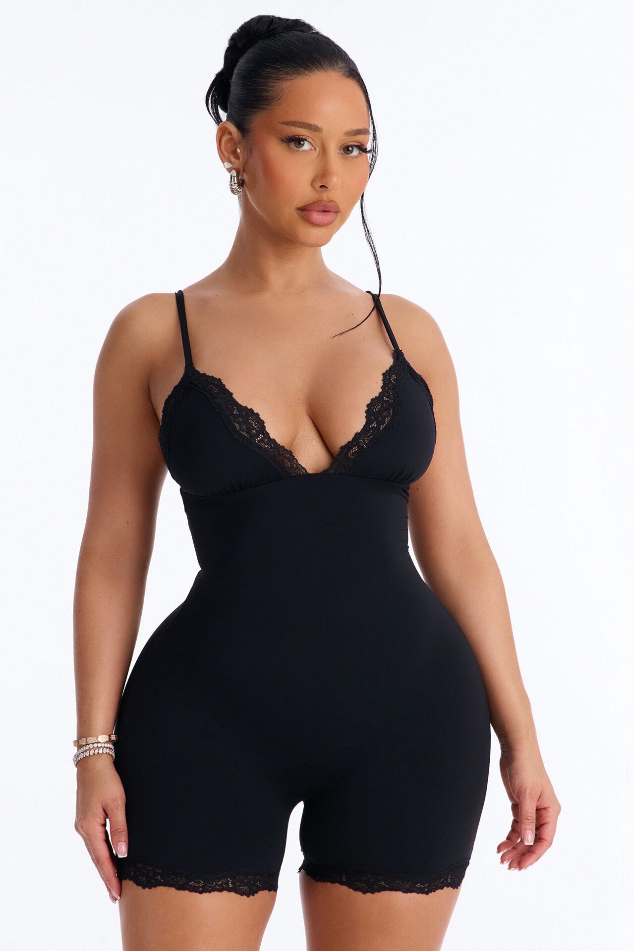 Second Skin Double Lined Lace Trim Tank Romper - Black