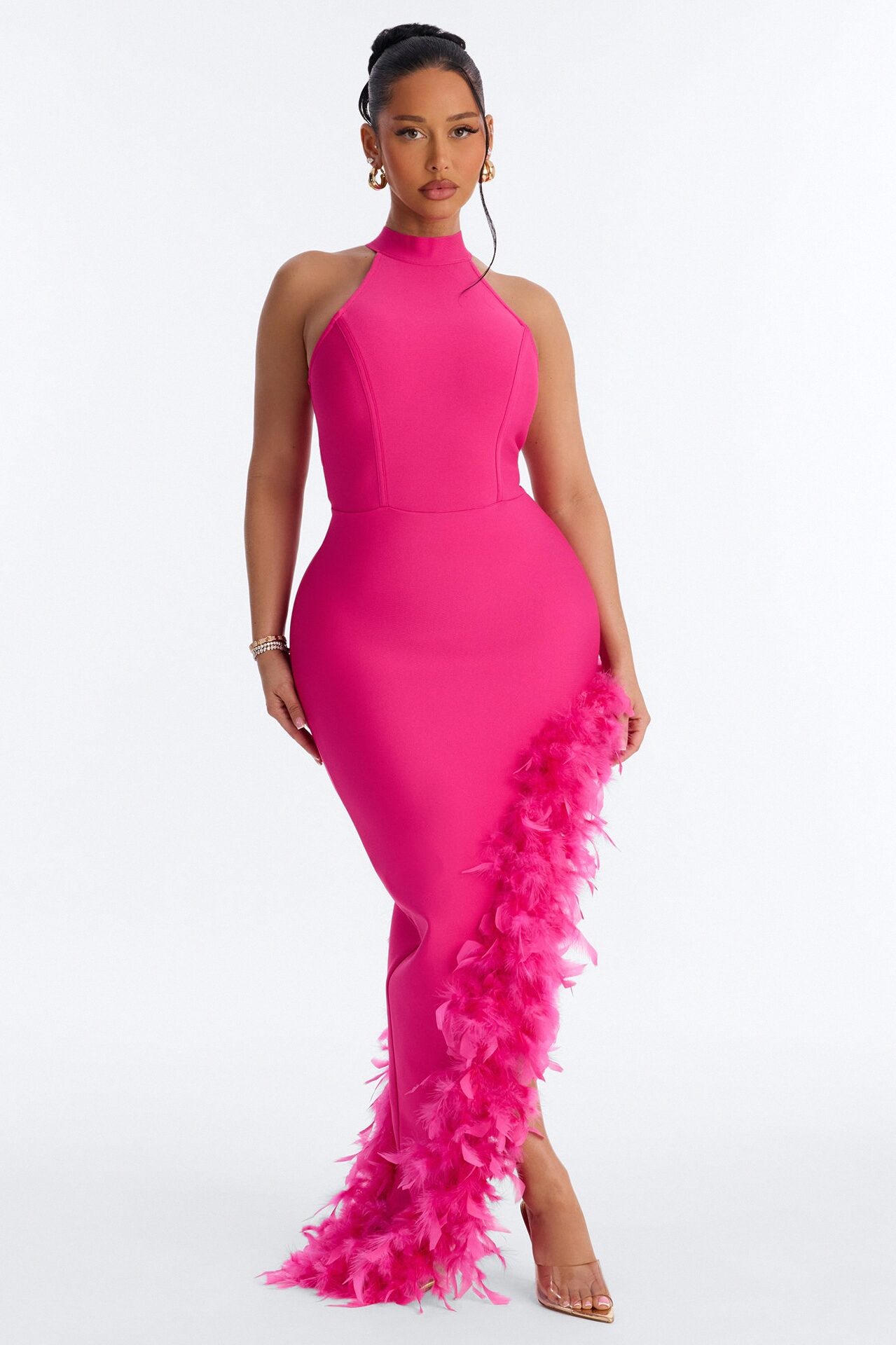 Jorgie Feathered Bandage Gown - Hot Pink