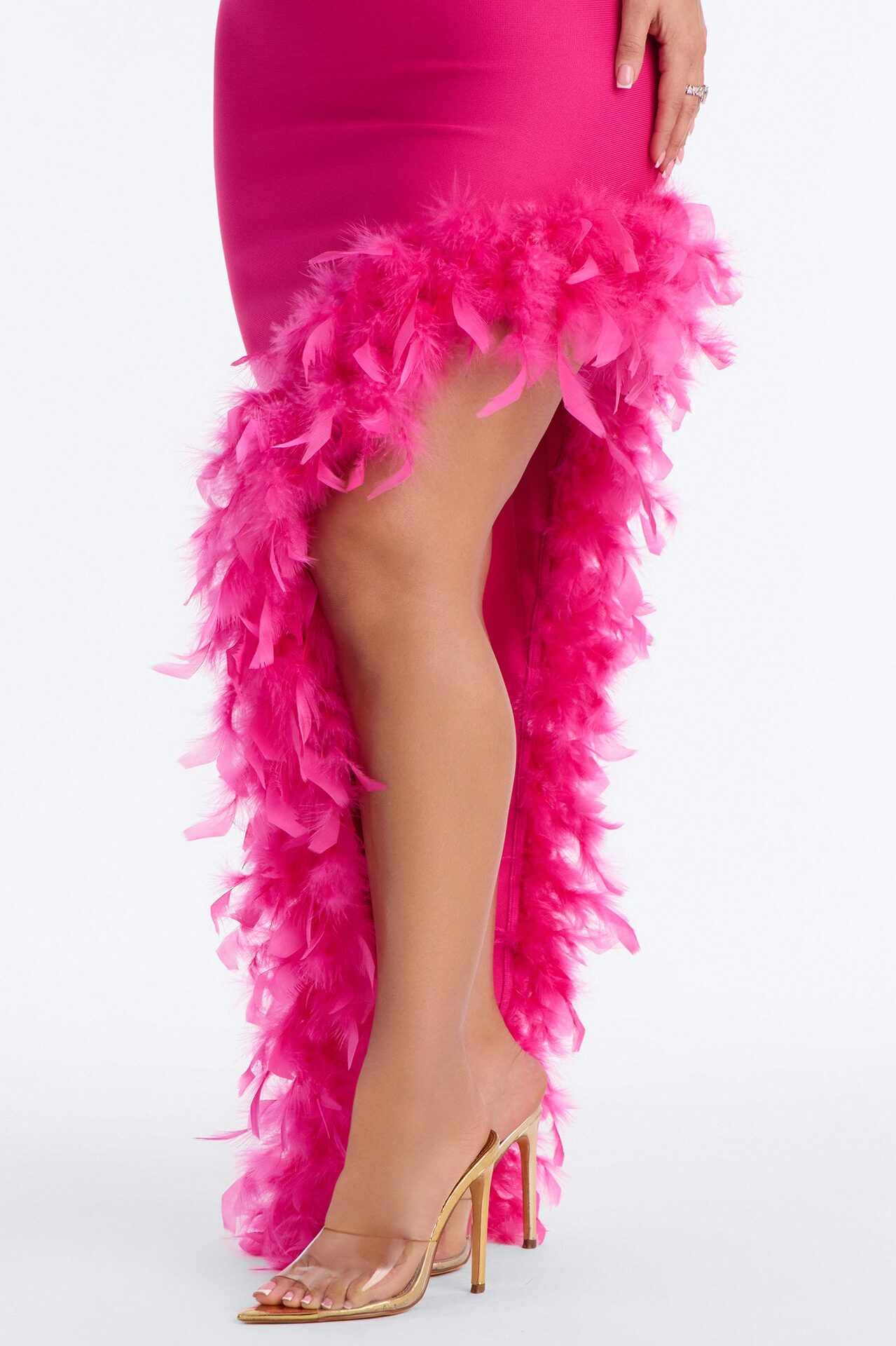 Jorgie Feathered Bandage Gown - Hot Pink