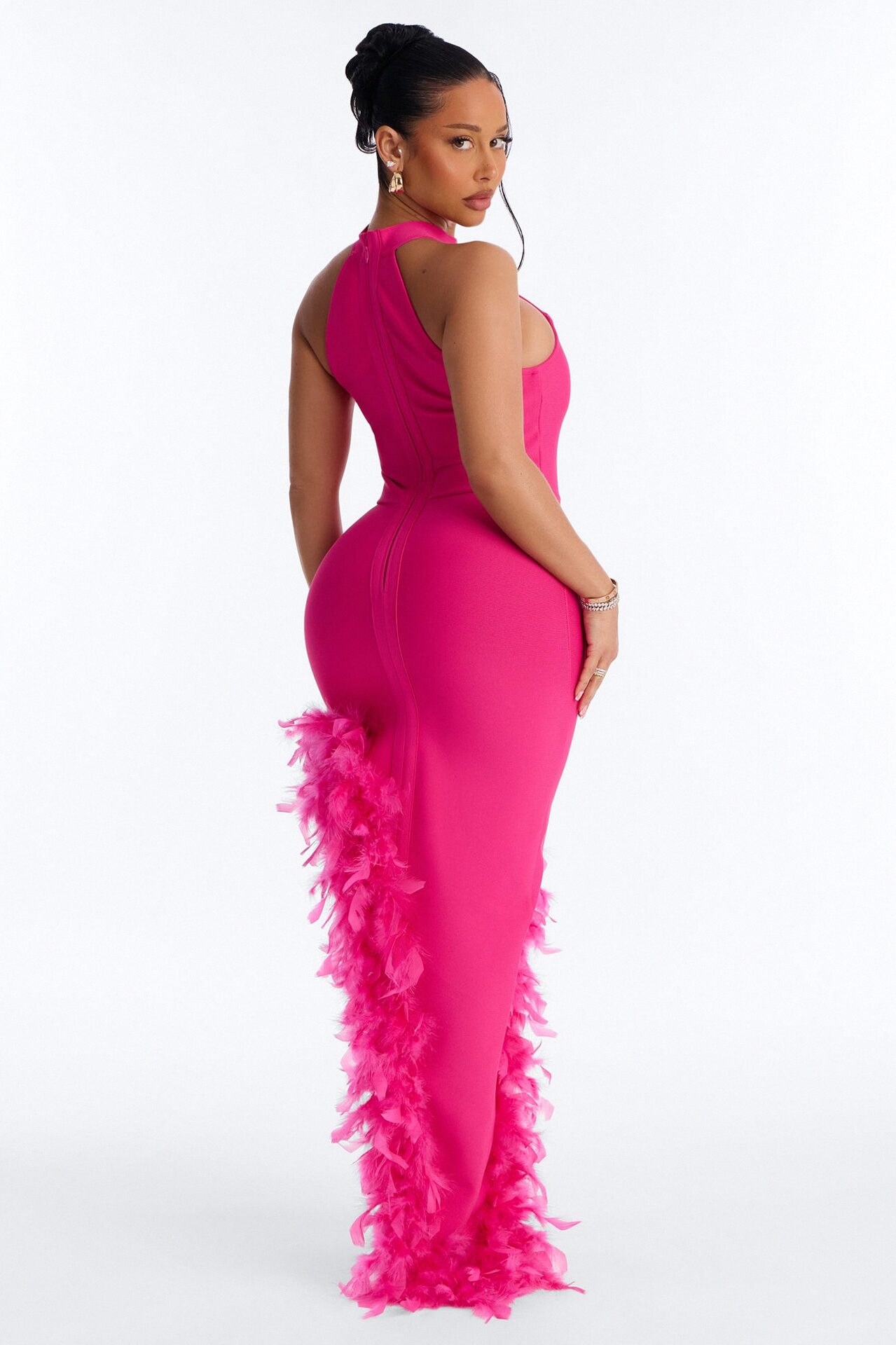 Jorgie Feathered Bandage Gown - Hot Pink