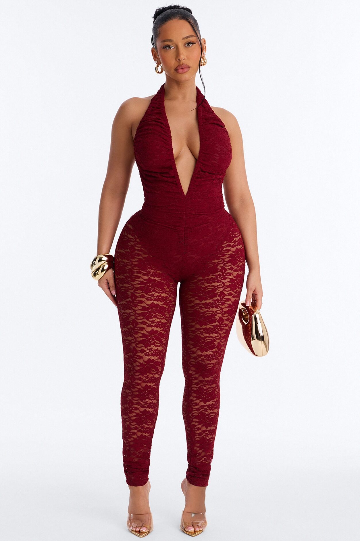Lace Seduction Plunge Backless Jumpsuite - Wine