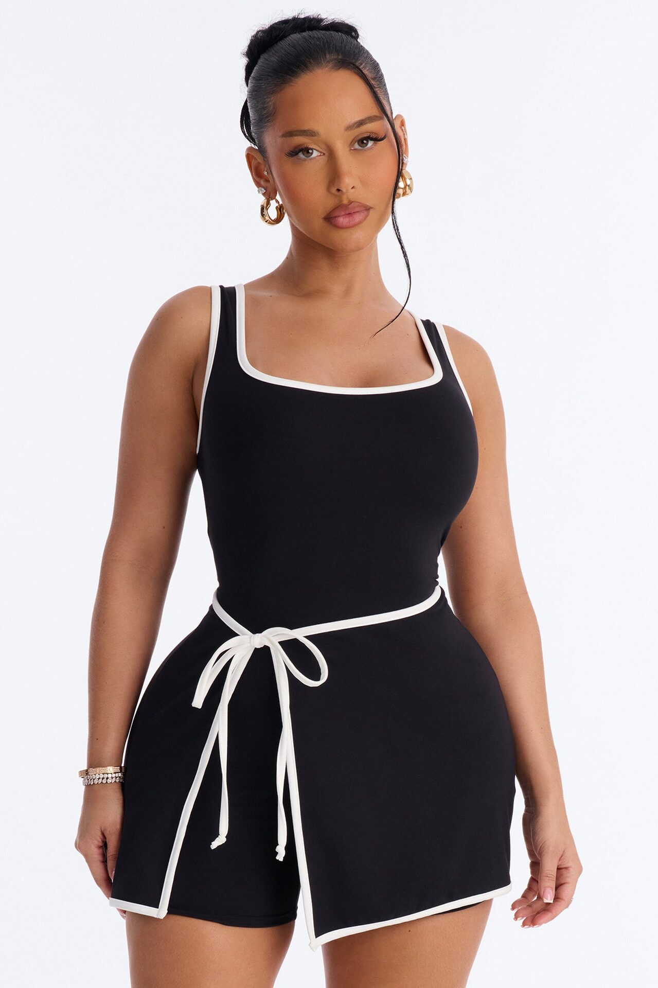 Match Point Tie Waist Romper - Black