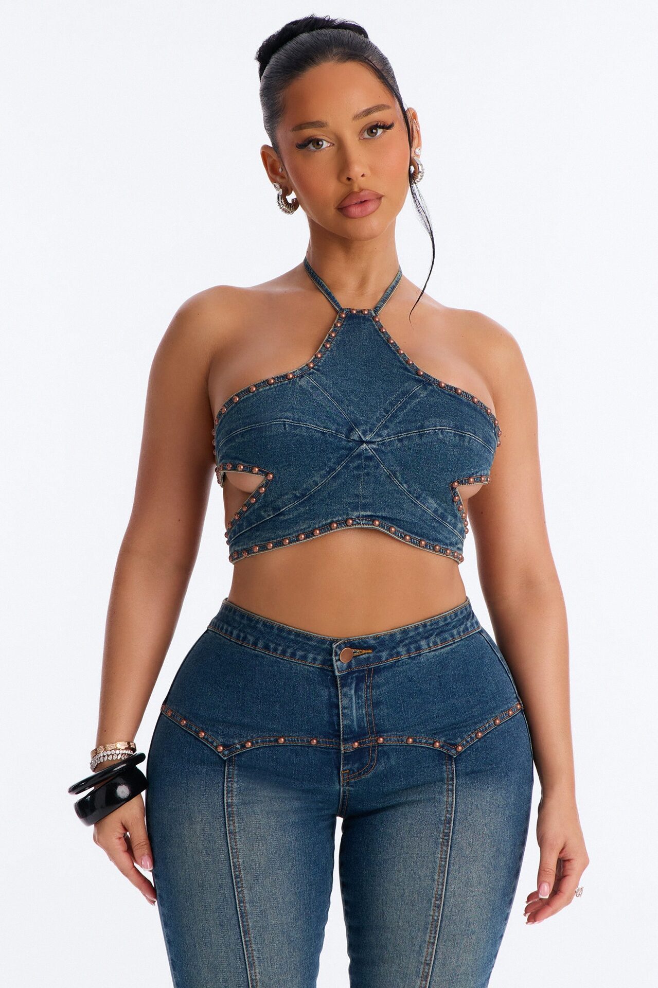 Star Girl Studded Denim Capri Set - Medium Wash