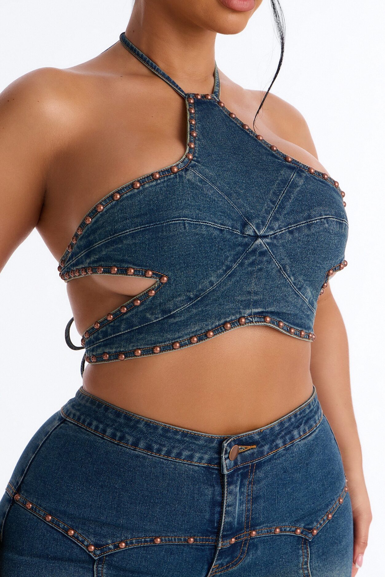 Star Girl Studded Denim Capri Set - Medium Wash