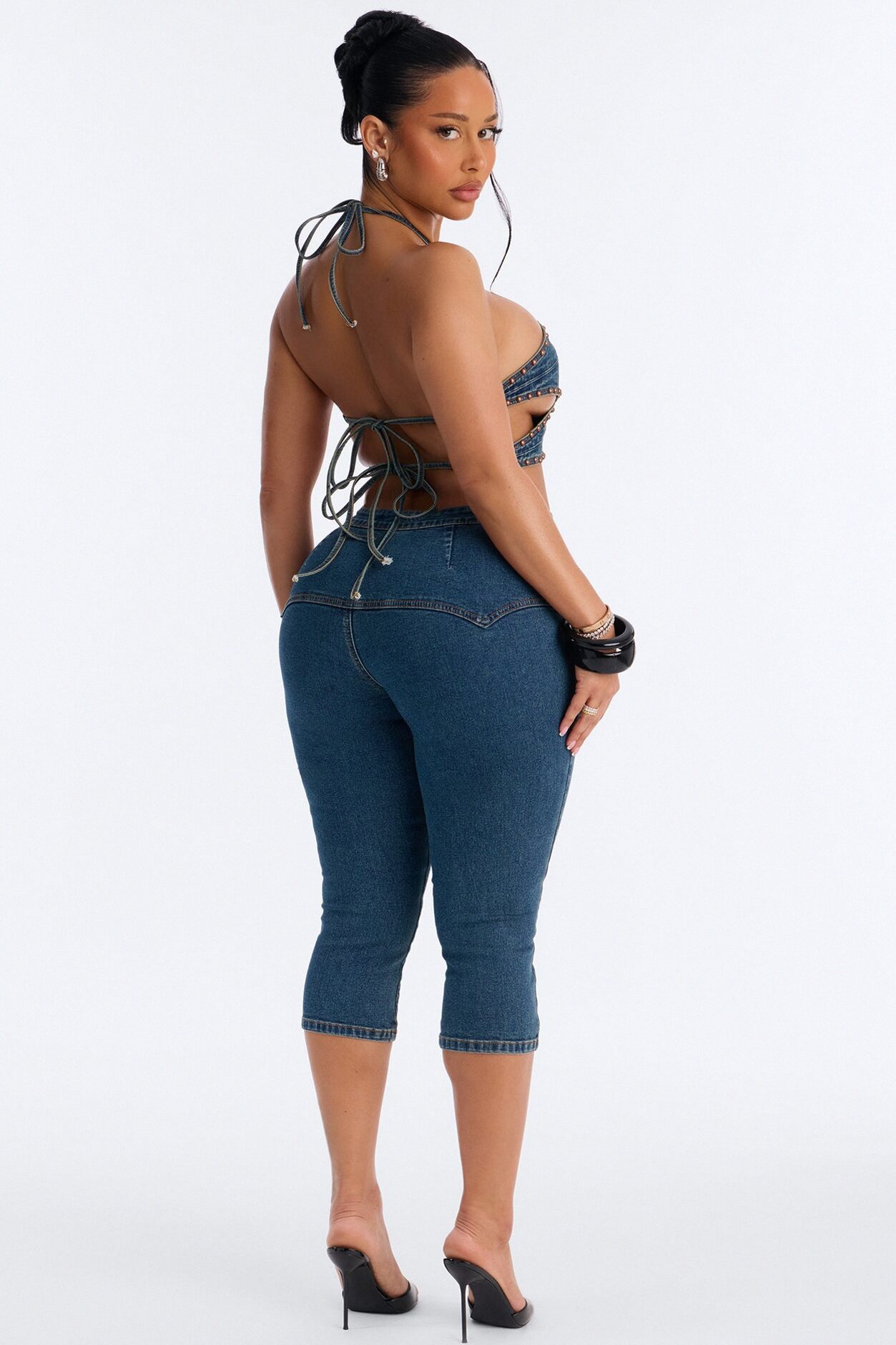 Star Girl Studded Denim Capri Set - Medium Wash