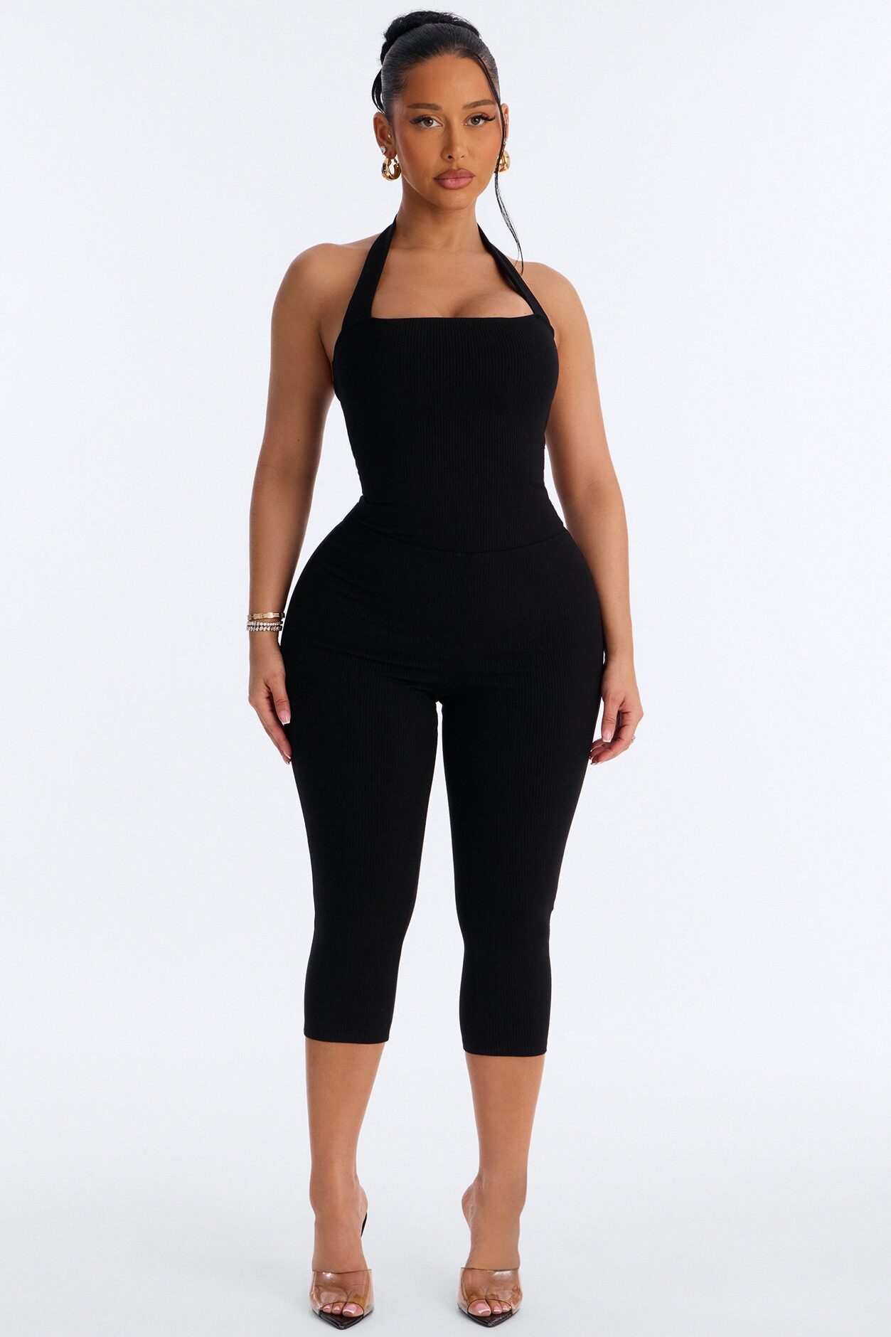 Amara Snatched Capri Halter Jumpsuit - Black