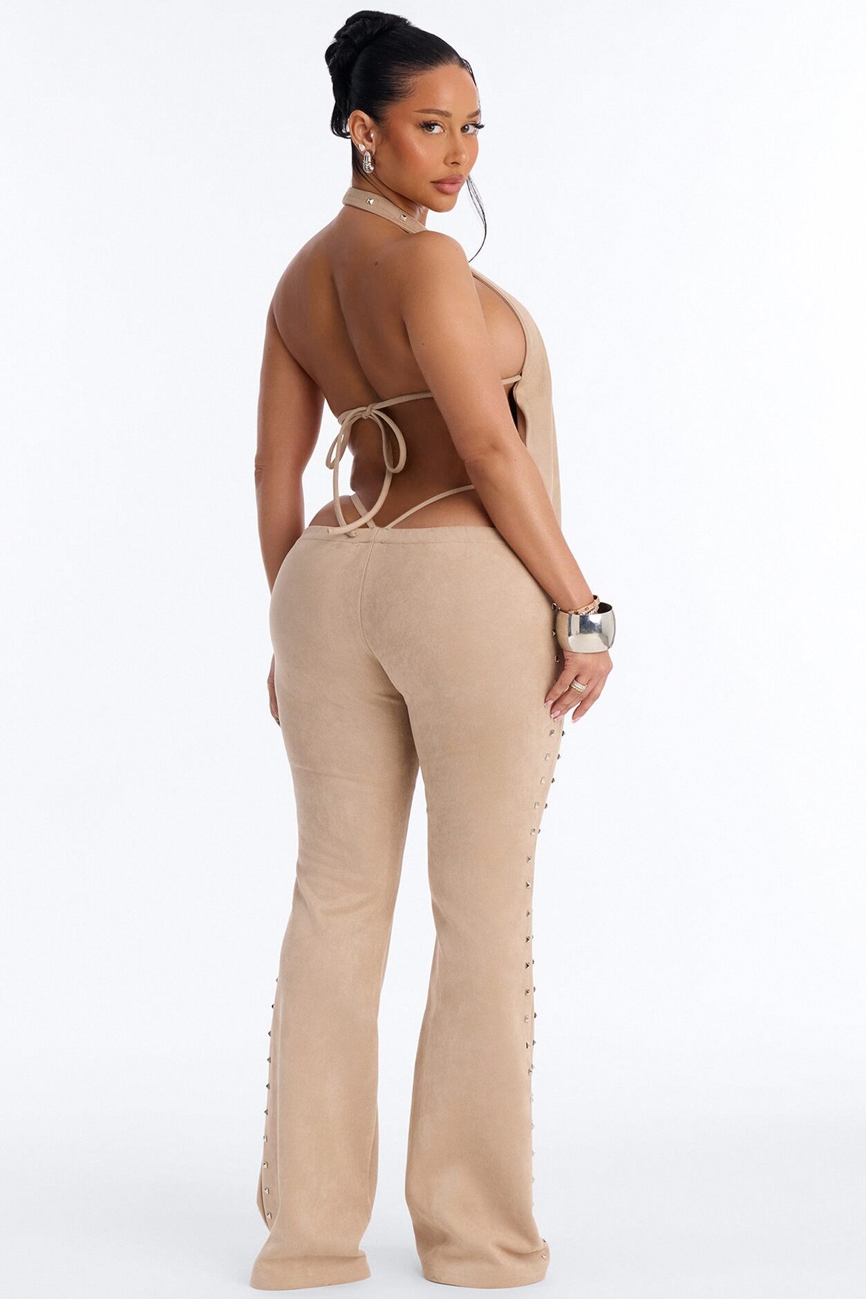 Roxie Studded Faux Suede Pant Set - Taupe
