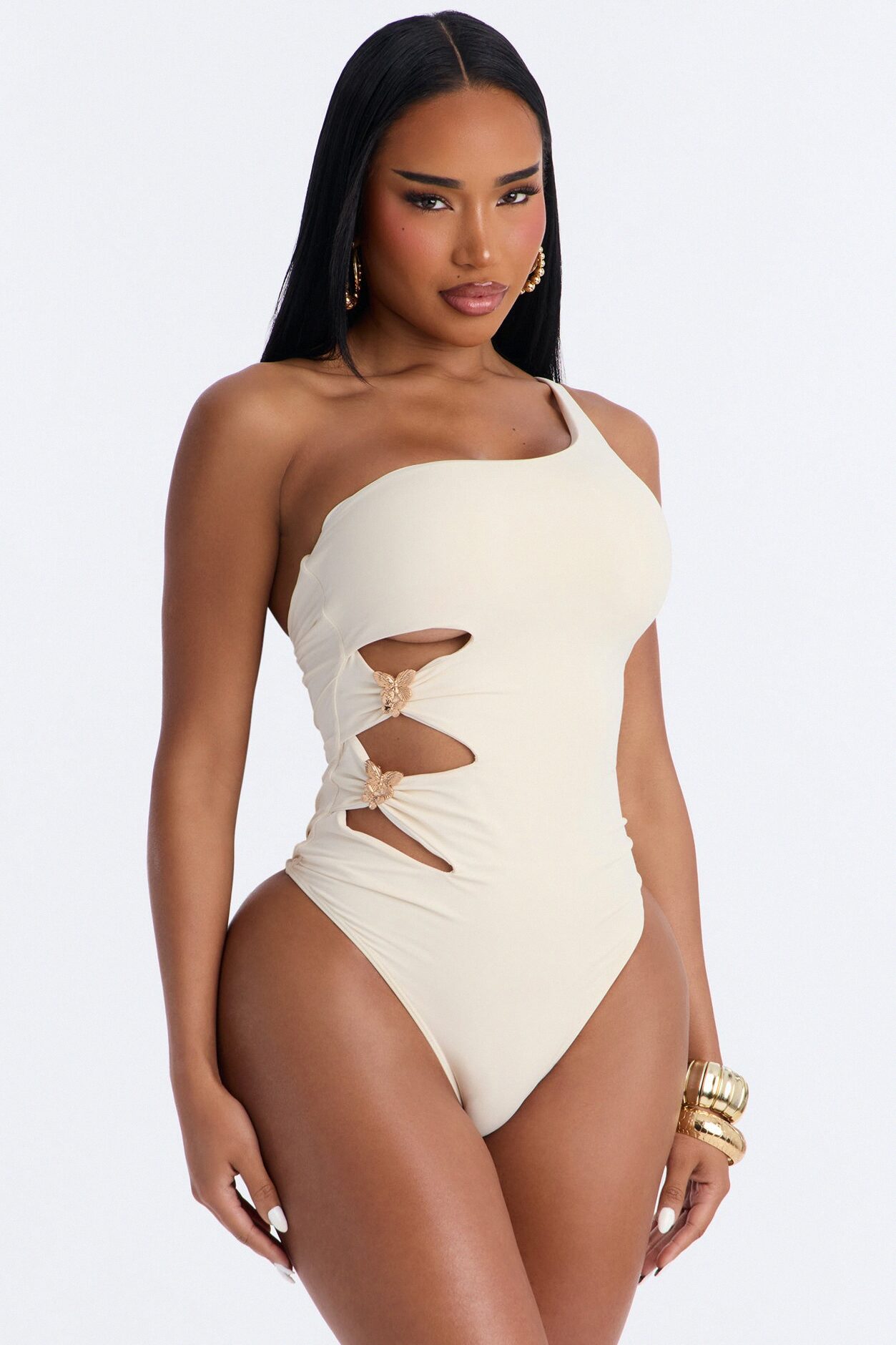 Sunset 1 Piece Butterfly Hardware One Shoulder Swimsuit - Ivory