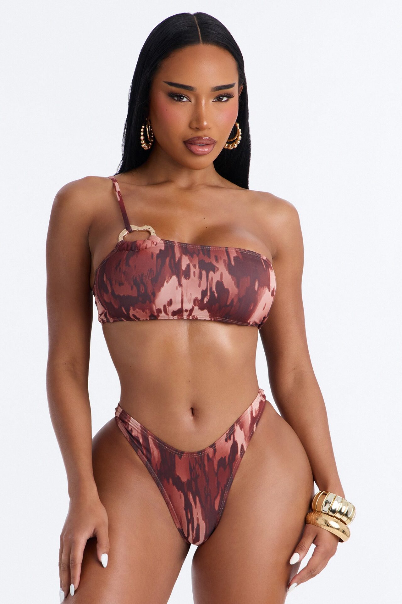 Sea Level Abstract 2 Piece One Shoulder Bikini Set - Brown/combo