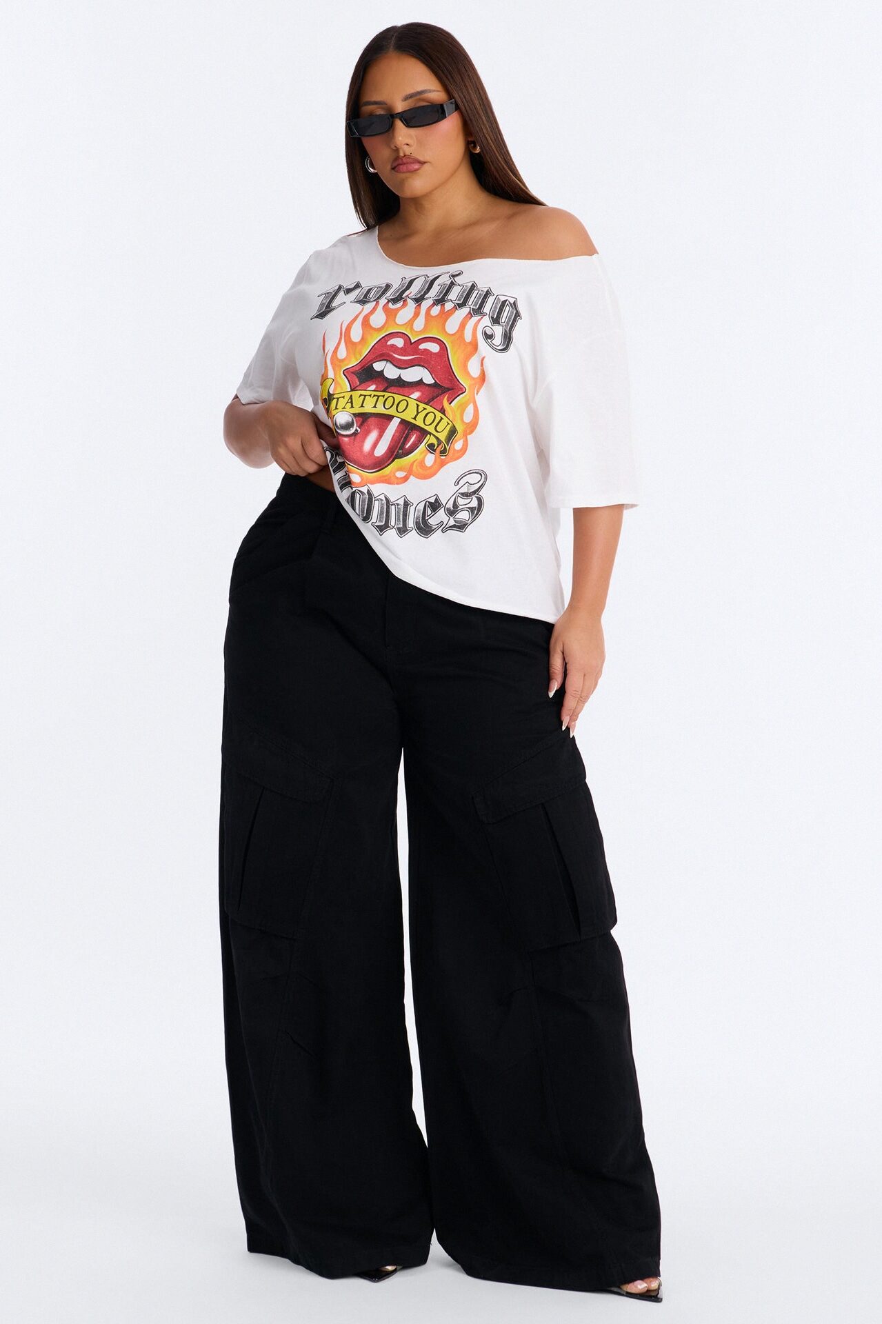 Rolling Stones Flame Off Shoulder Tee - White