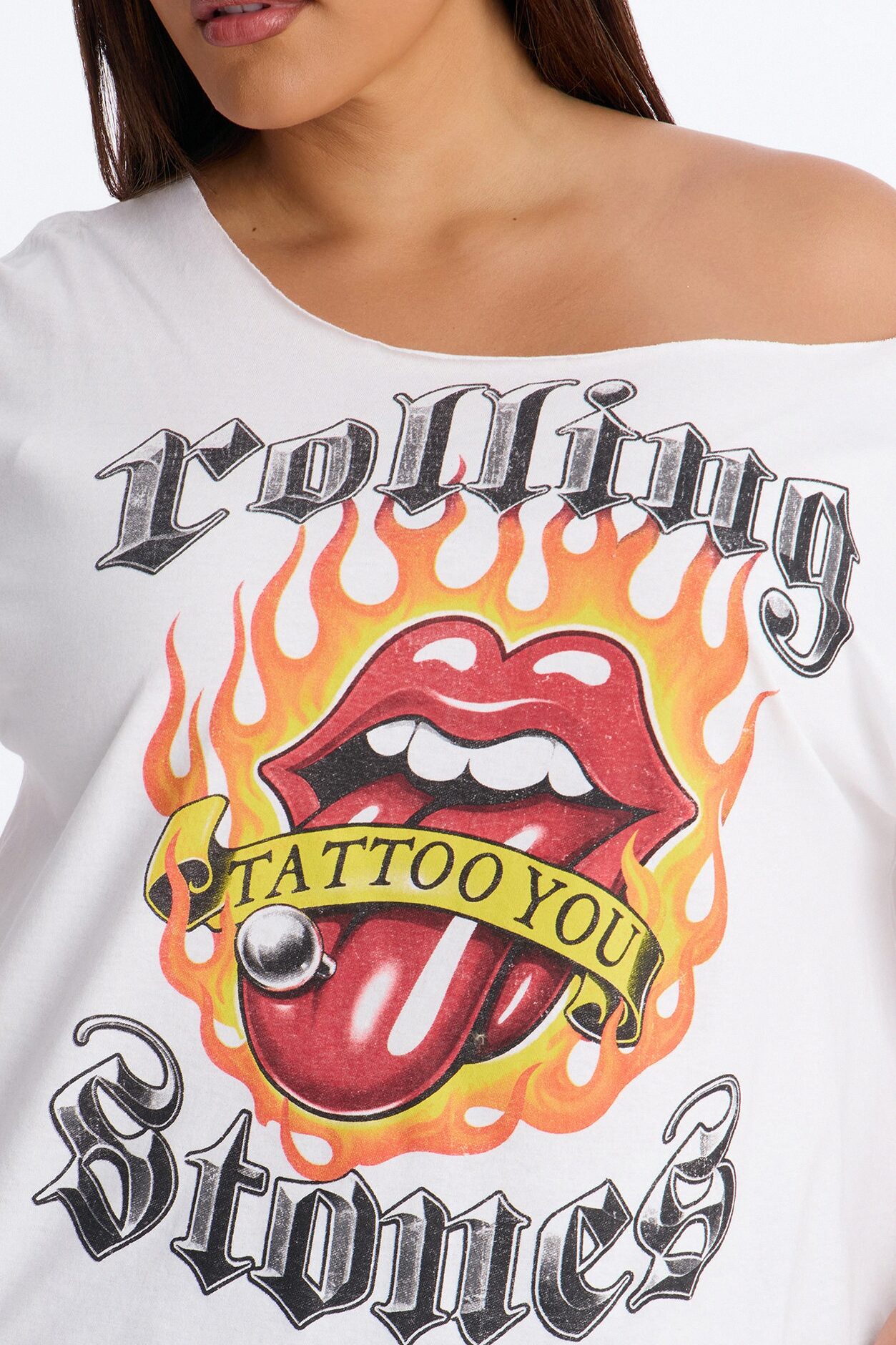 Rolling Stones Flame Off Shoulder Tee - White