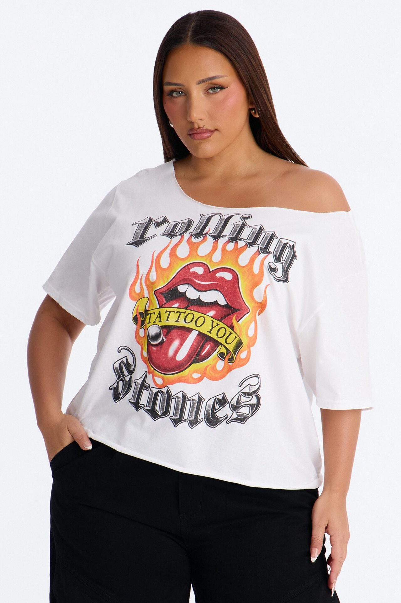 Rolling Stones Flame Off Shoulder Tee - White