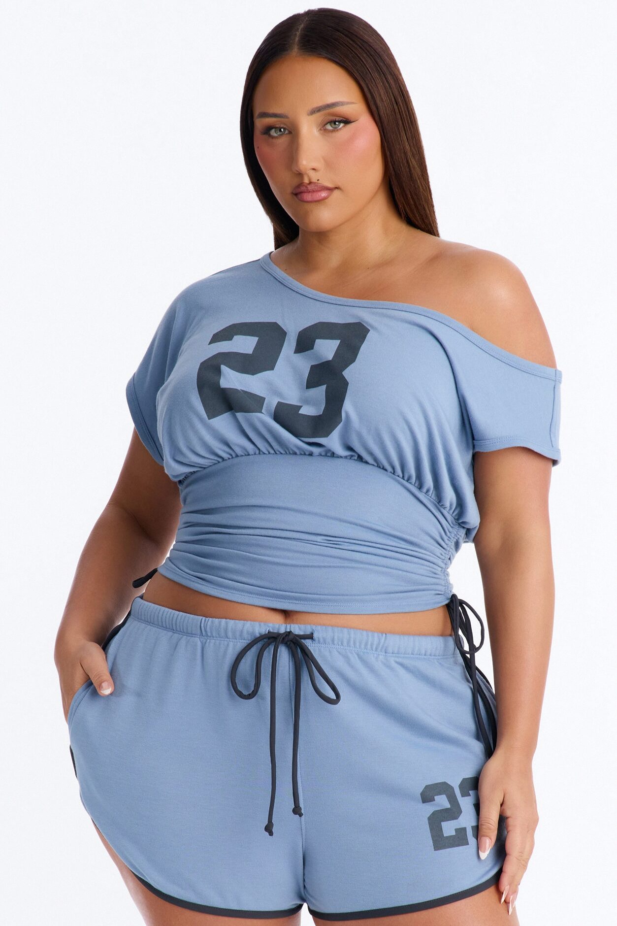 Off Duty 23' Off Shoulder Short Set - Slate Blue