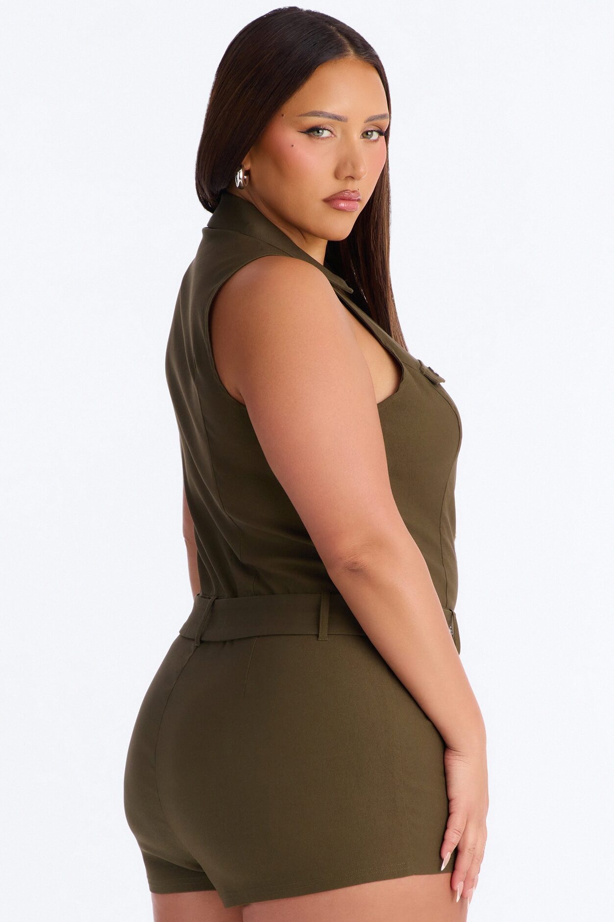 Shana Zip Front Belted Romper - Olive