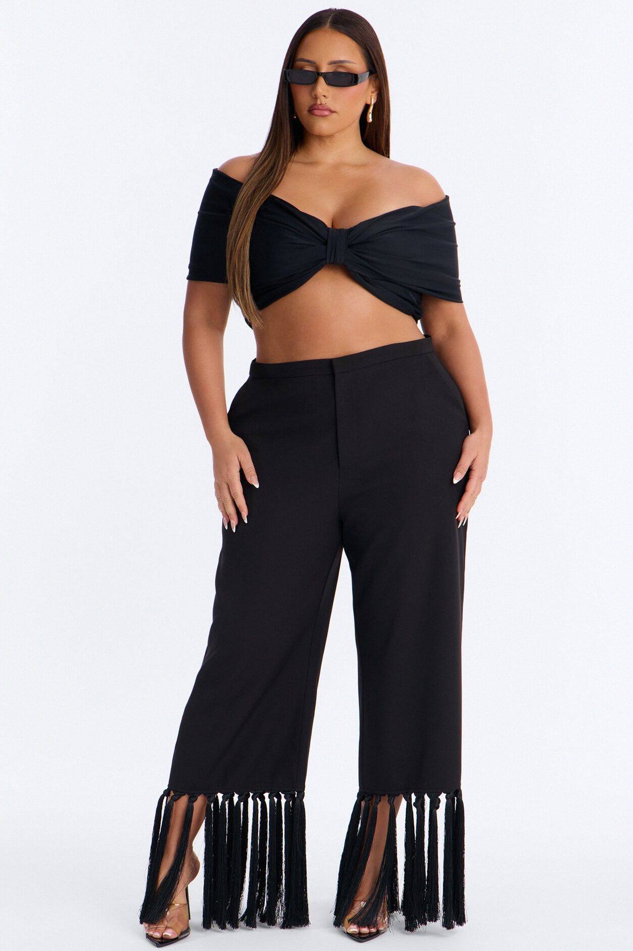 Samantha High Rise Wide Leg Tassel Fringe Trouser - Black