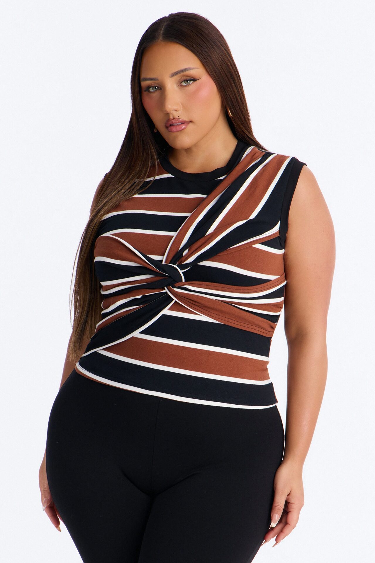 Jackie Striped Sleeveless Twist T-Shirt - Mocha/combo